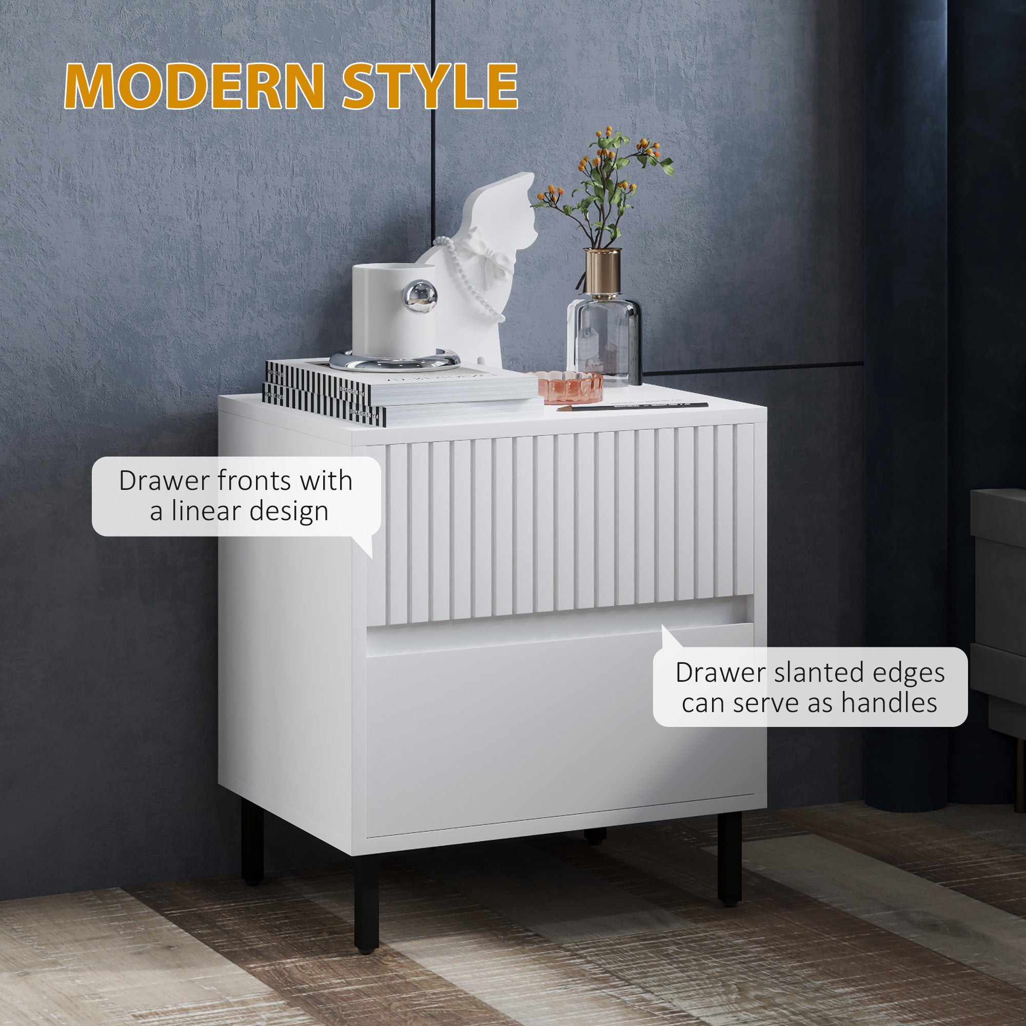 HOMCOM Simple Line Indented Two-Drawer Bedside Table - White - North Peak Garden Furniture