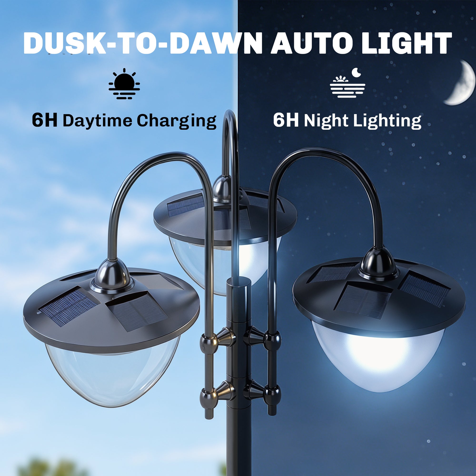 Outsunny 189cm 3-head Solar Lamp Post, Street Light with Planter, Automatic-on, 6 Hour Max Outdoor Ready LED Lighting, Black