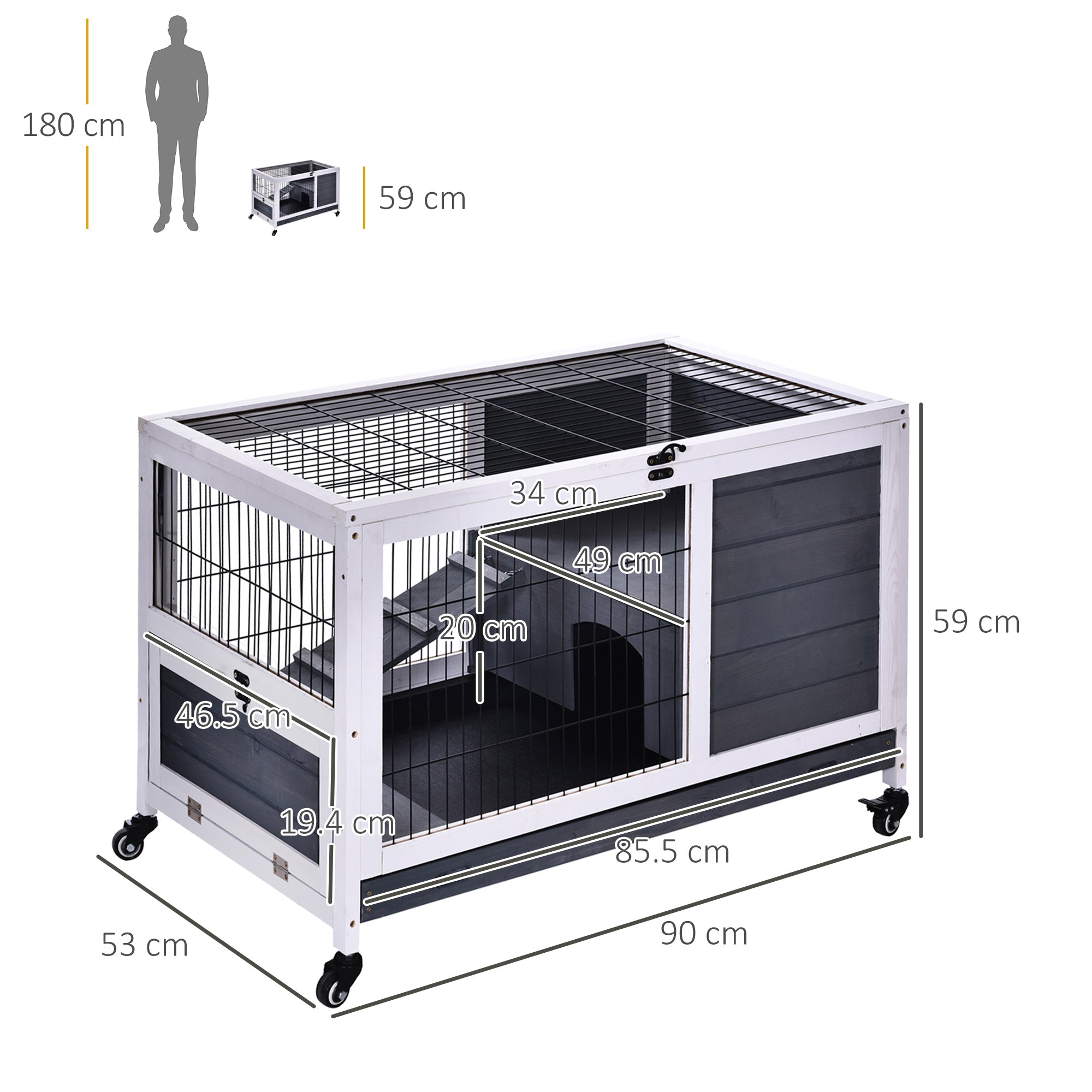 PawHut Rabbits Indoor Fir Wood Lift-Top Hutch Grey