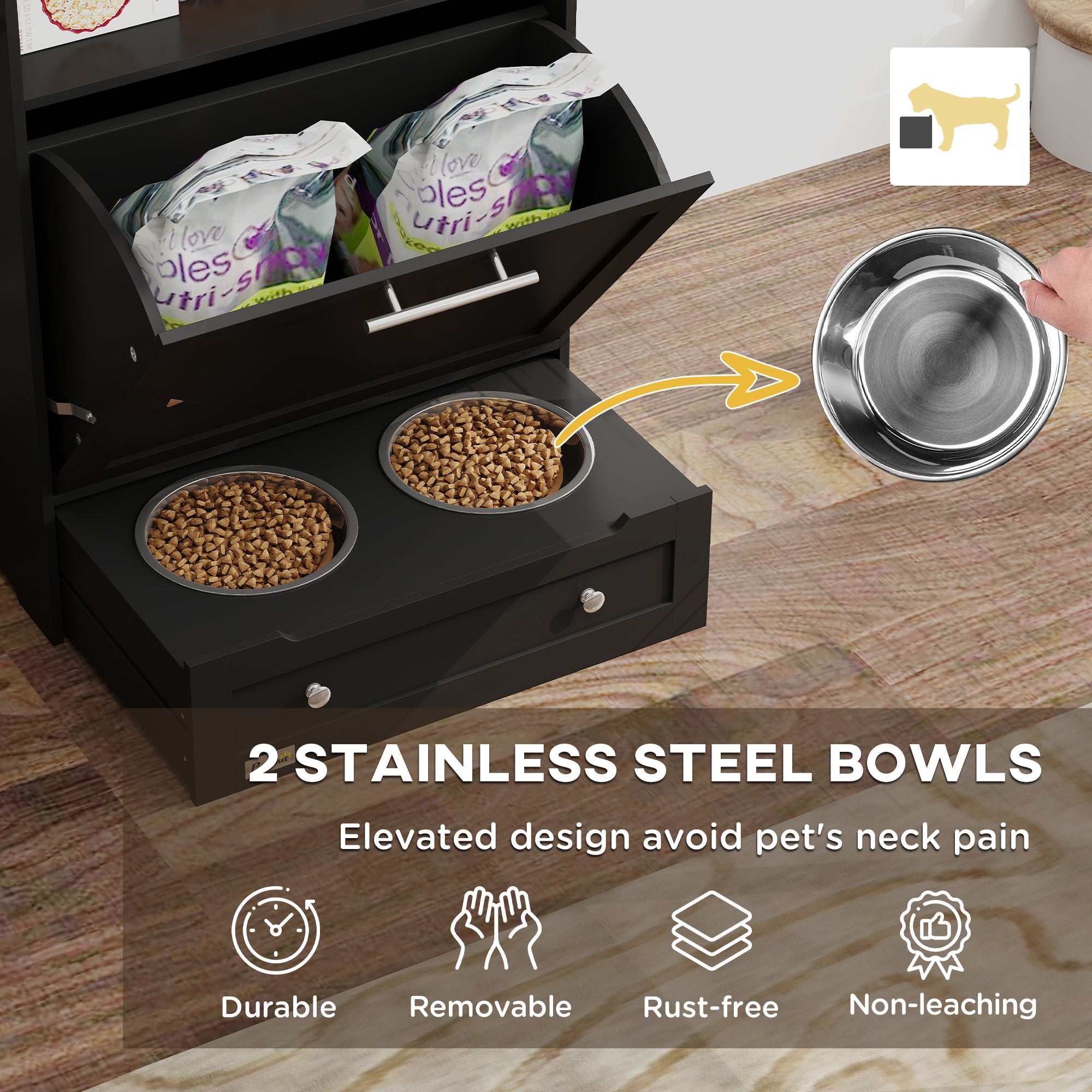 PawHut Pet Feeder Station, Dog, Cat Storage Container, with Raised Bowls, Hanger, Cabinet - Black - North Peak Garden Furniture