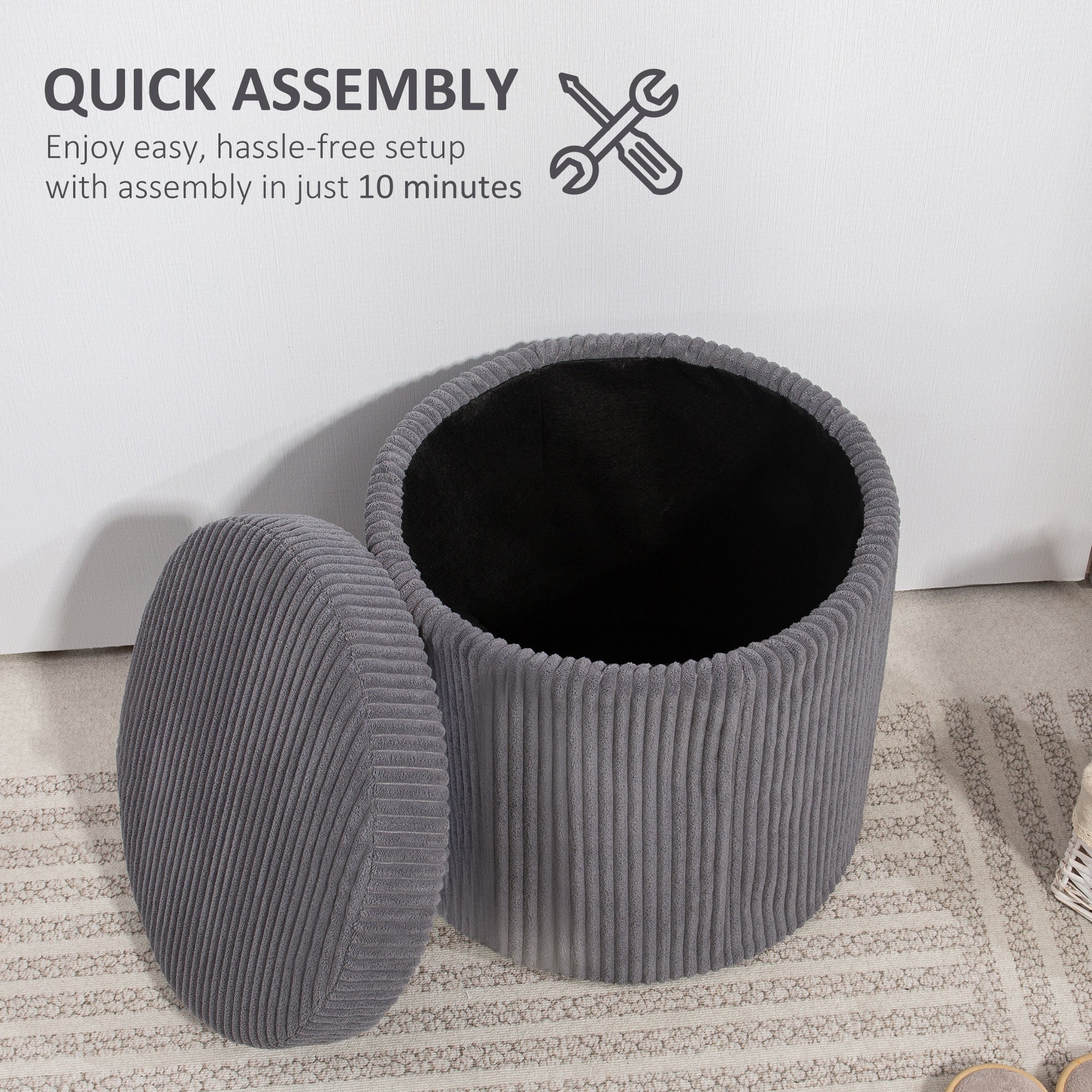 HOMCOM 40cm Round Storage Ottoman, Corduroy Footstool with Removable Lid and Legs, Vanity Stool for Living Room, Bedroom, Grey - North Peak Garden Furniture
