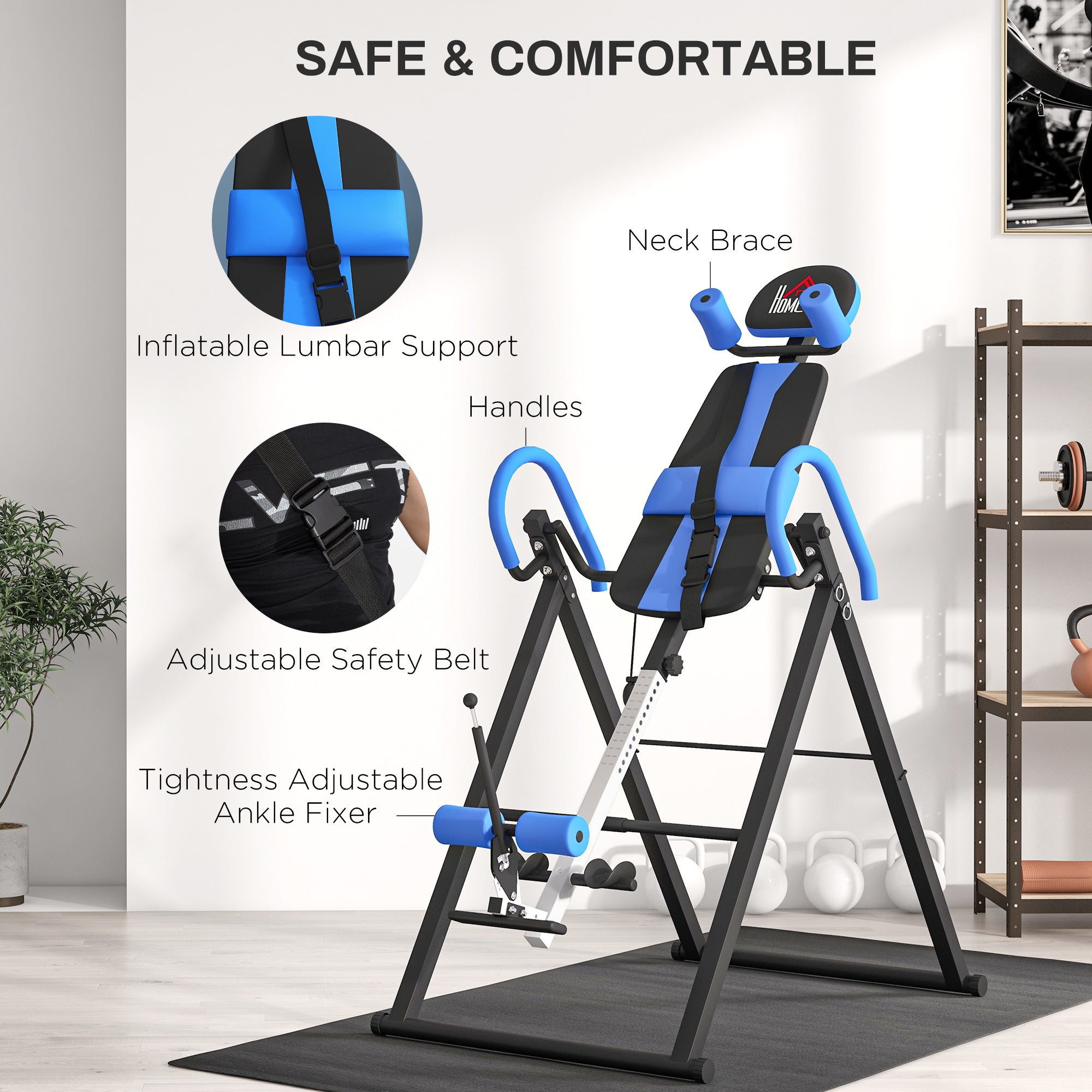 HOMCOM Gravity Inversion Table with Safety Belt Adjustable Hand Stand for Muscle Pain Relief, Blue - North Peak Garden Furniture