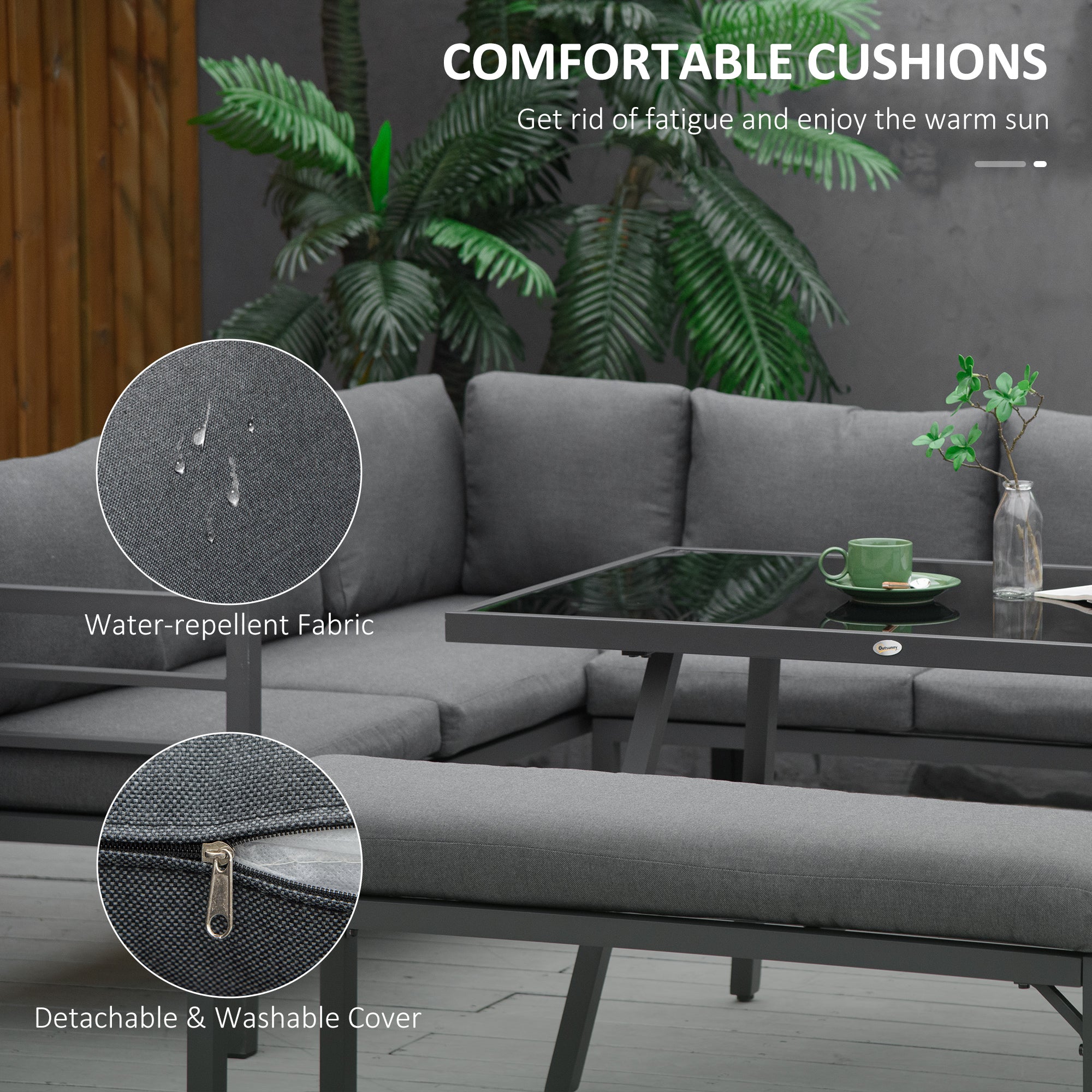 Outsunny 4 Piece L-shaped Garden Furniture Set 8-Seater Aluminium Outdoor Dining Set Conversation Sofa Set w/ Bench, Dining Table & Cushions, Grey - North Peak Garden Furniture