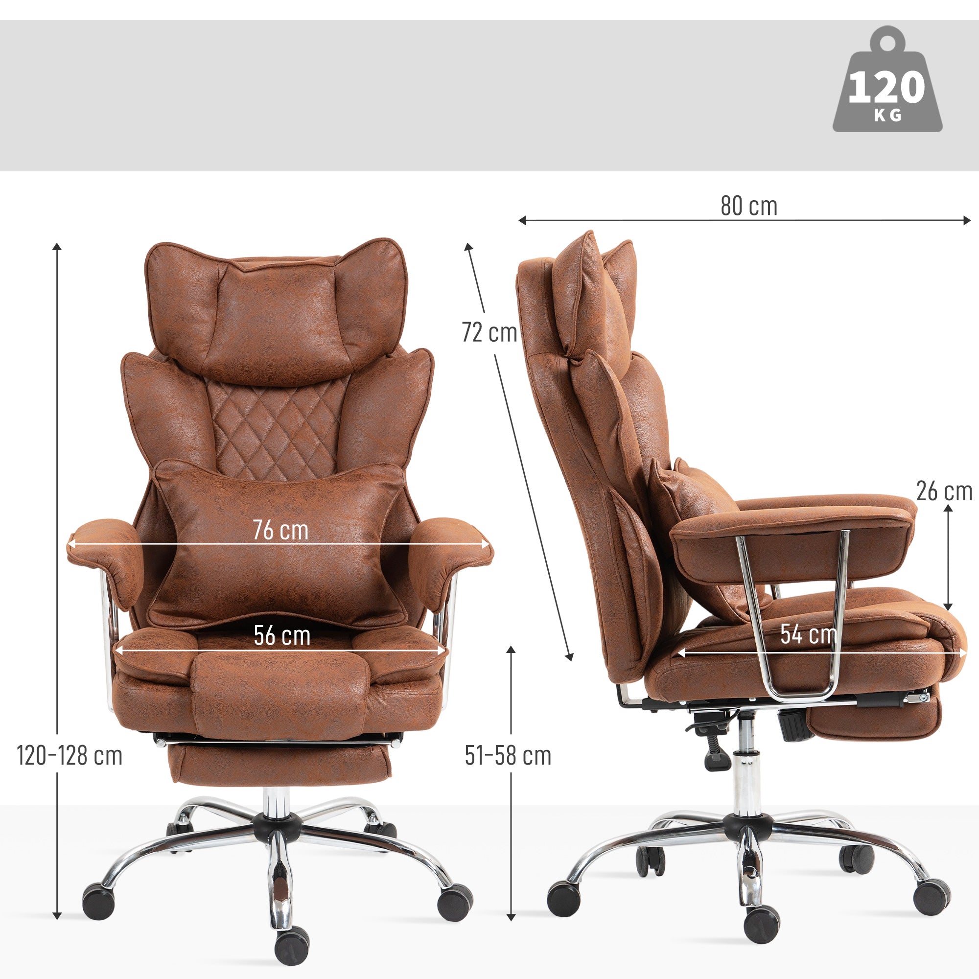 HOMCOM Leathaire Reclining Office Chair with Lumbar Support Pillow - Dark Brown - North Peak Garden Furniture