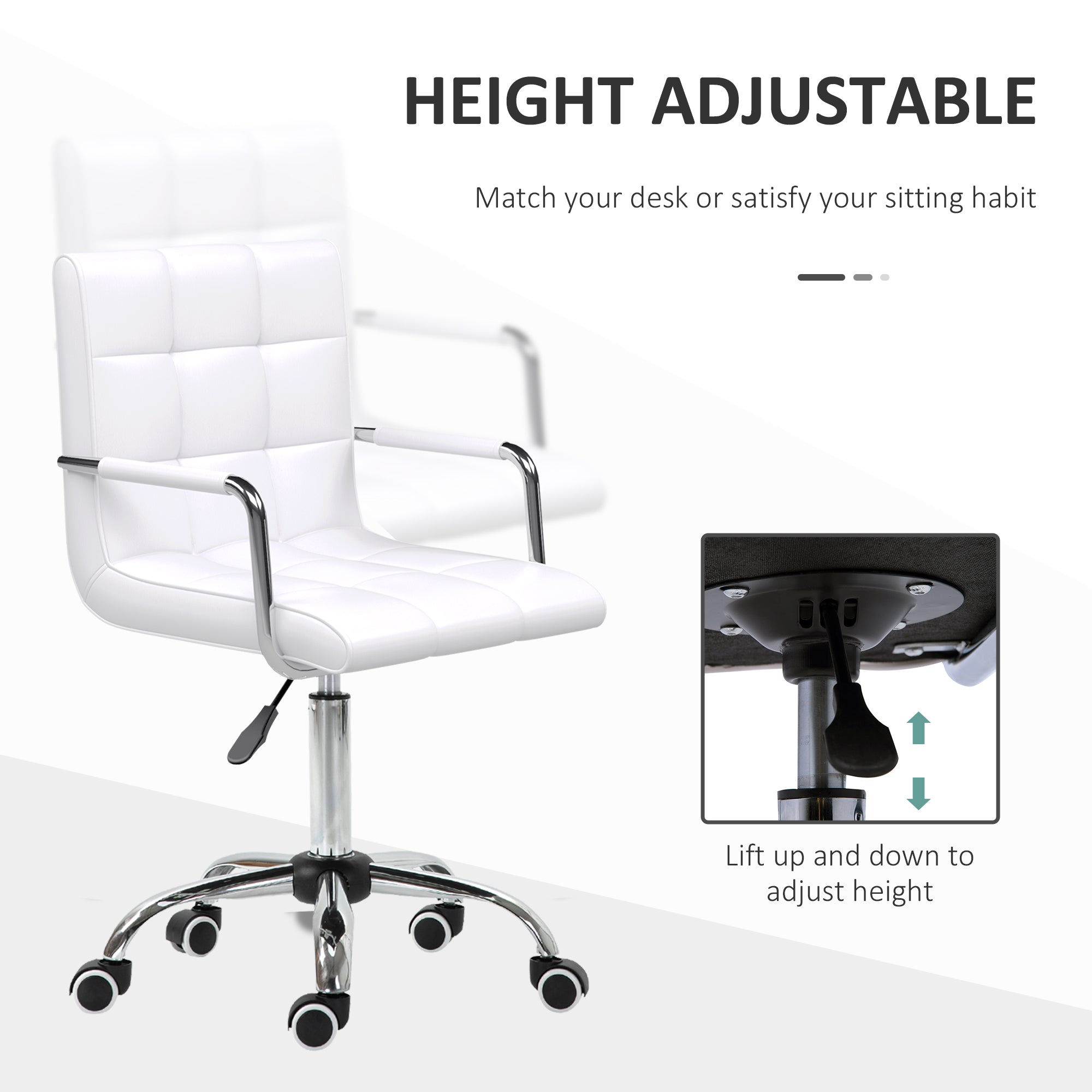 Vinsetto Office Chair, Makeup Vanity Chair, Mid Back Computer Chair, PU Leather Swivel Study Chair with Adjustable Height, Armrest and Rolling Wheels, White