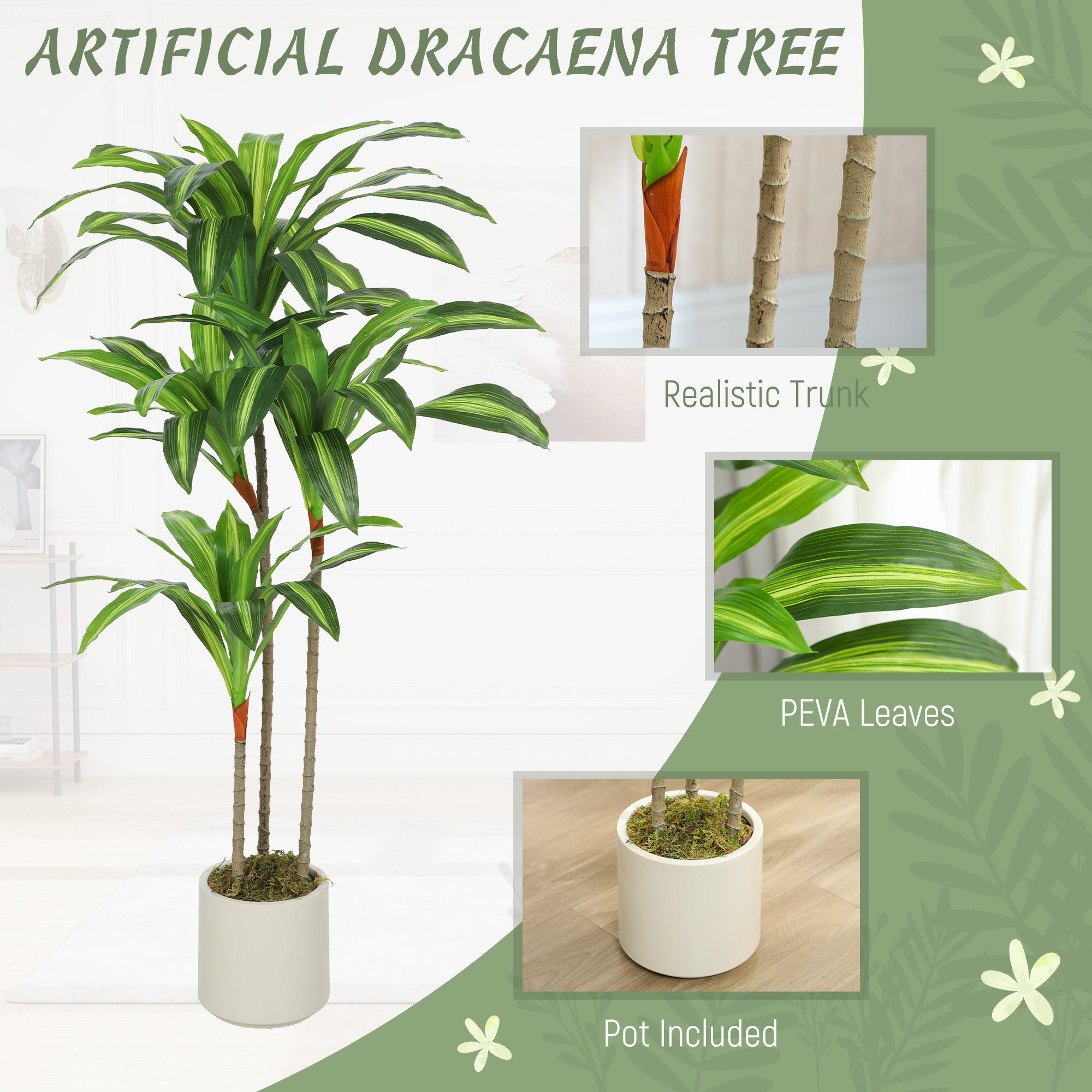 HOMCOM 120cm Artificial Dracaena Tree with Bendable Trunks - Green