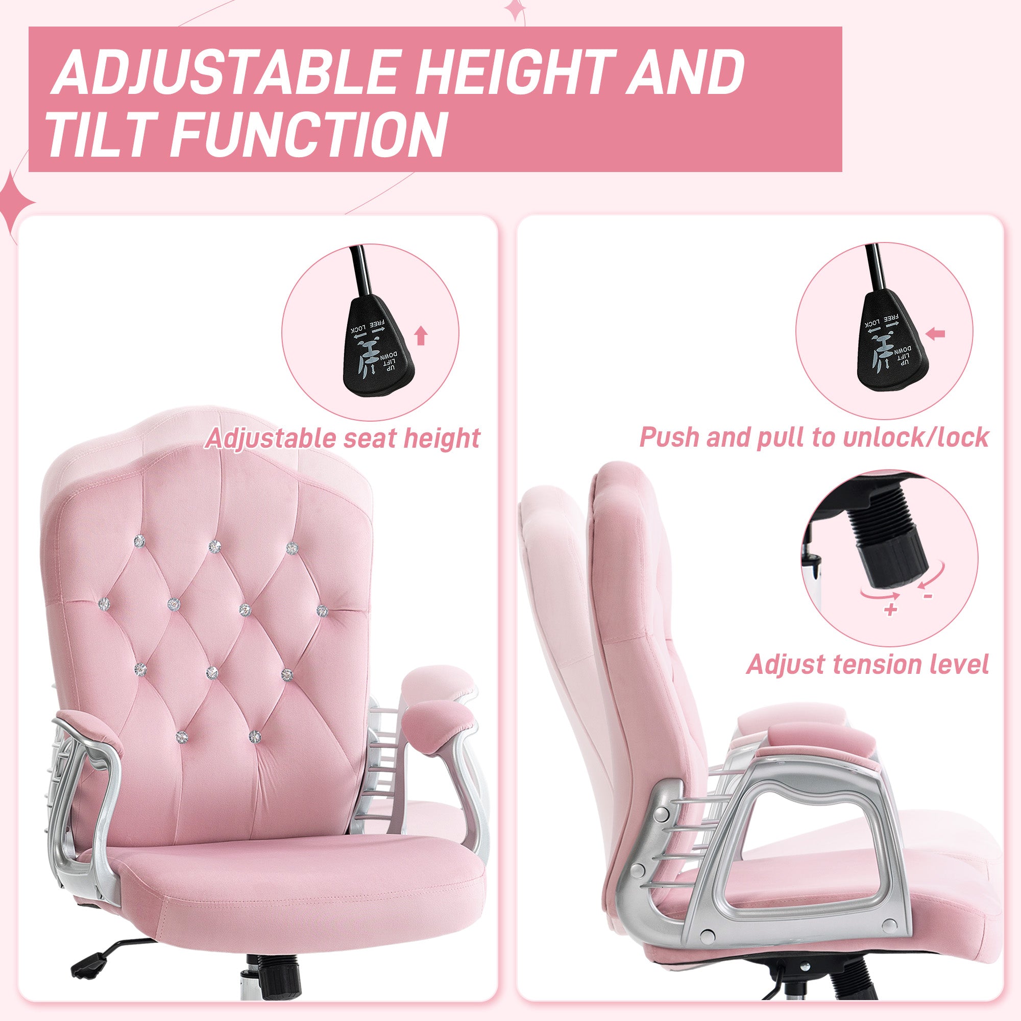 Vinsetto Velvet-Feel Work Chair, with Diamante Back - Pink - North Peak Garden Furniture
