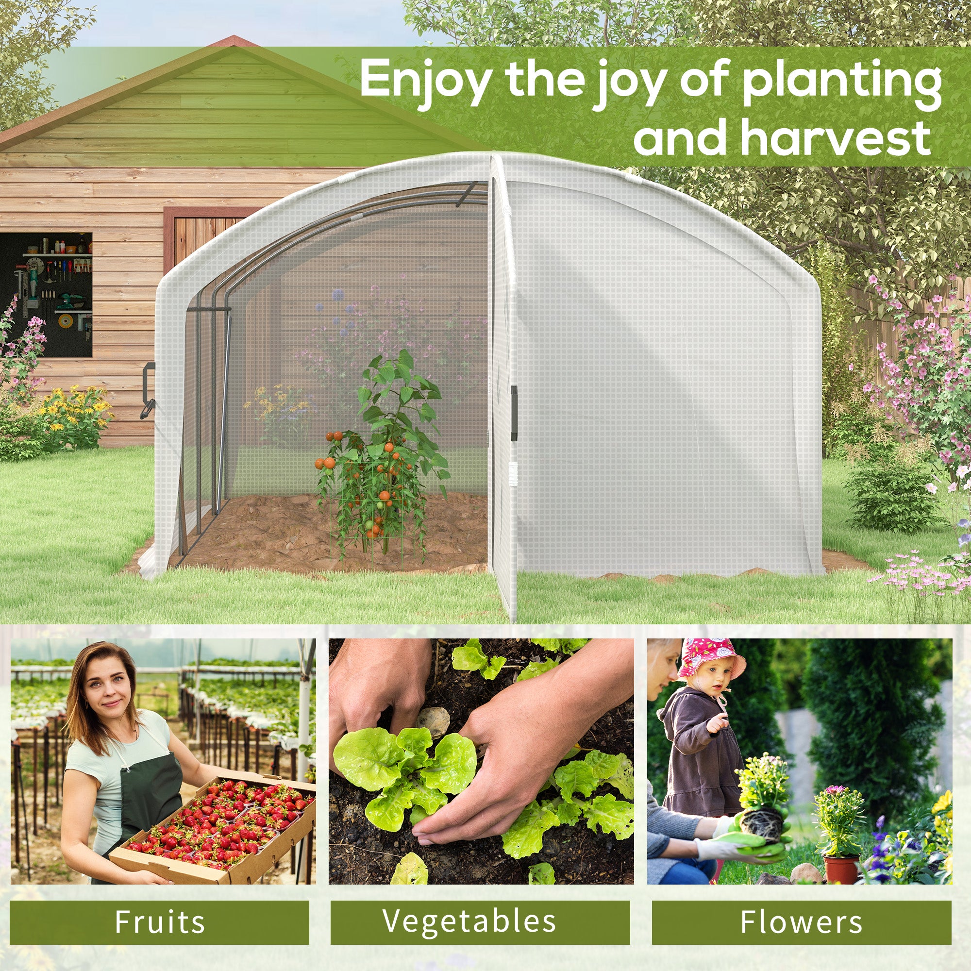 Outsunny Polytunnel Greenhouse Walk-in Grow House with UV-resistant PE Cover, Door, Galvanised Steel Frame, 4 x 3 x 2m, White - North Peak Garden Furniture