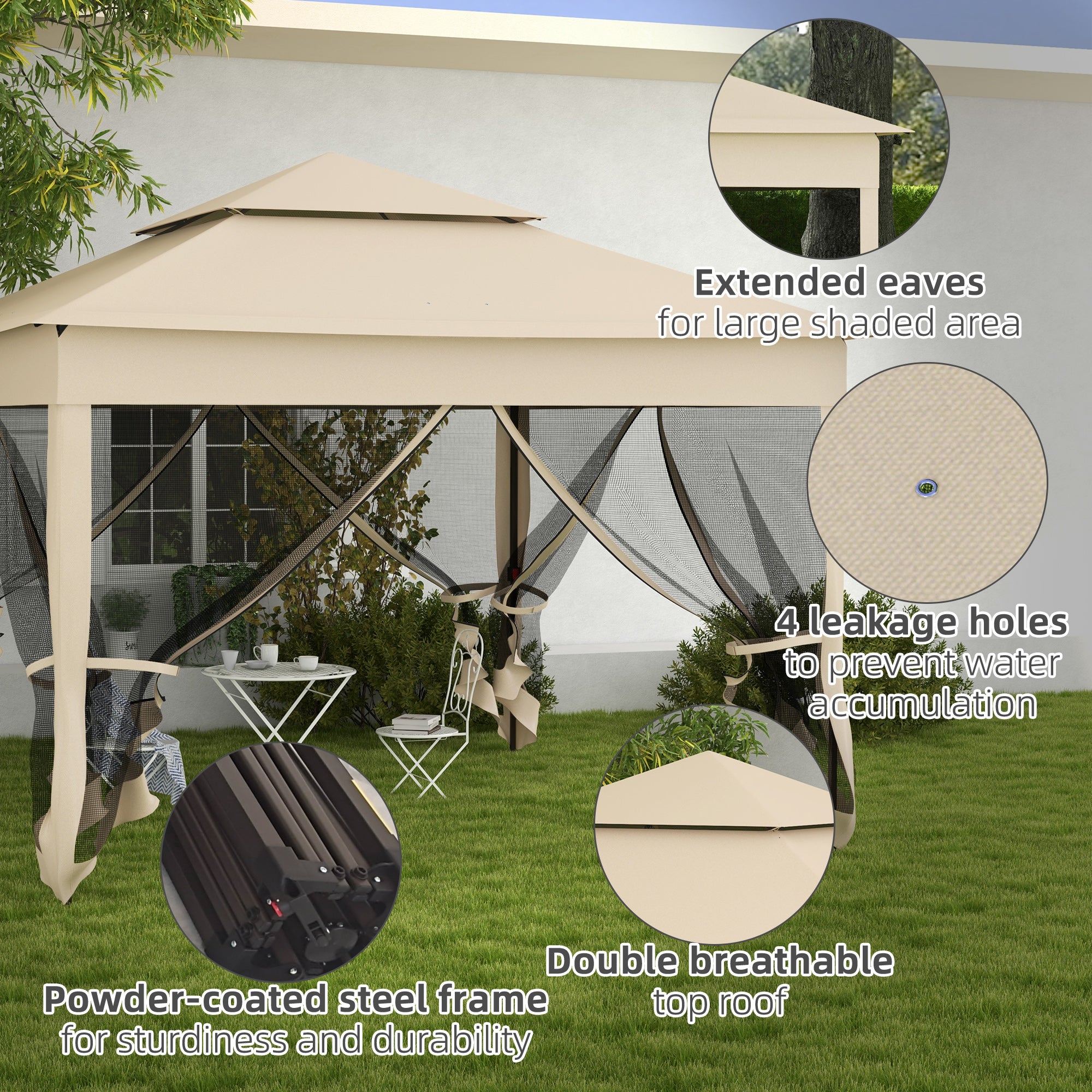 Outsunny 3 x 3(m) Pop Up Gazebo, Double-roof Garden Tent with Netting and Carry Bag, Party Event Shelter for Outdoor Patio, Cream White - North Peak Garden Furniture