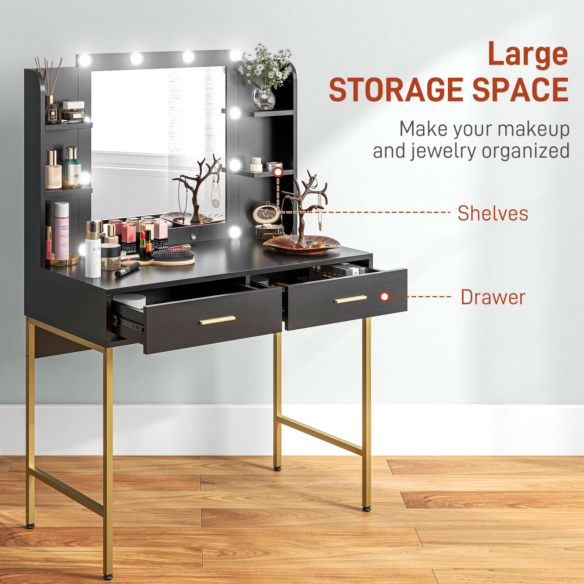 HOMCOM Dressing Table Set, with Storage and Stool - Black - North Peak Garden Furniture