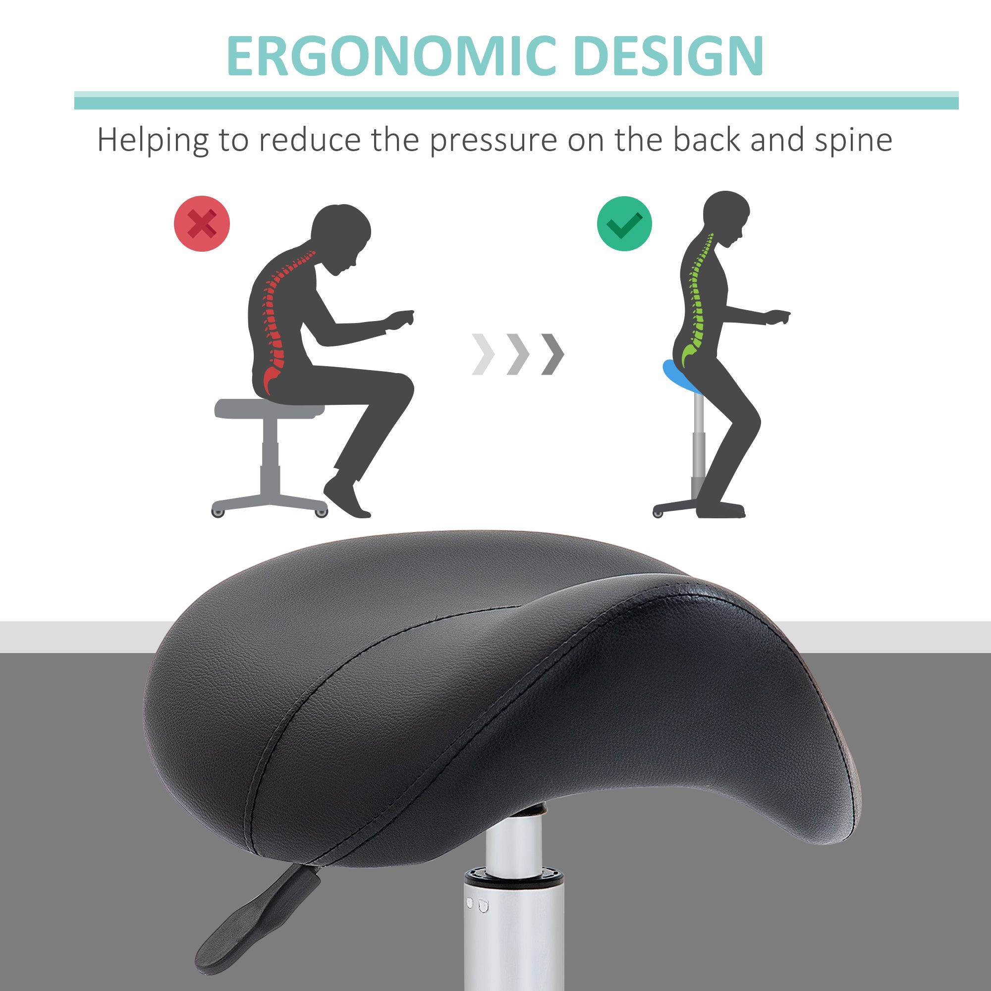 HOMCOM Cosmetic Stool 360° Rotate Height Adjustable Salon Massage Spa Chair Hydraulic Rolling Faux Leather Saddle Stool Mobility, Black - North Peak Garden Furniture