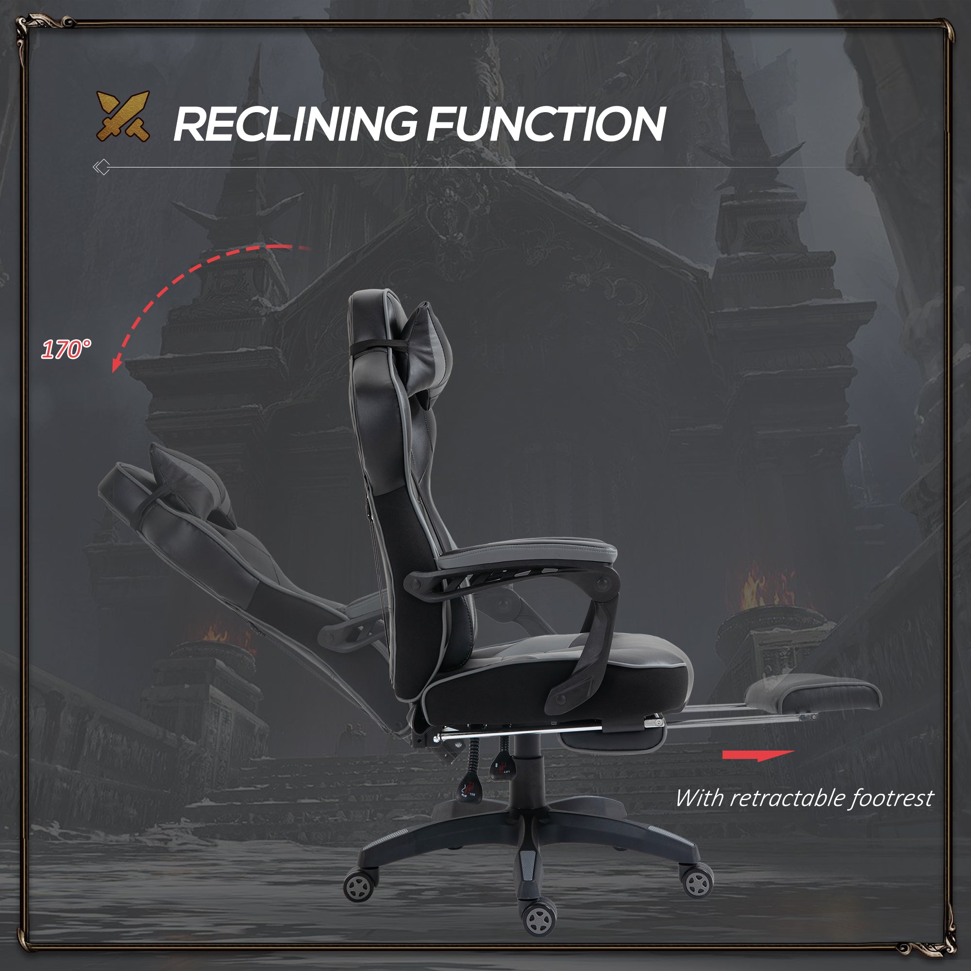 Vinsetto Computer Gaming Chair, Racing Desk Chair with Lumbar Support and Footrest, PU Leather Gamer Chair with Headrest and Swivel Wheels for Home, Grey - North Peak Garden Furniture