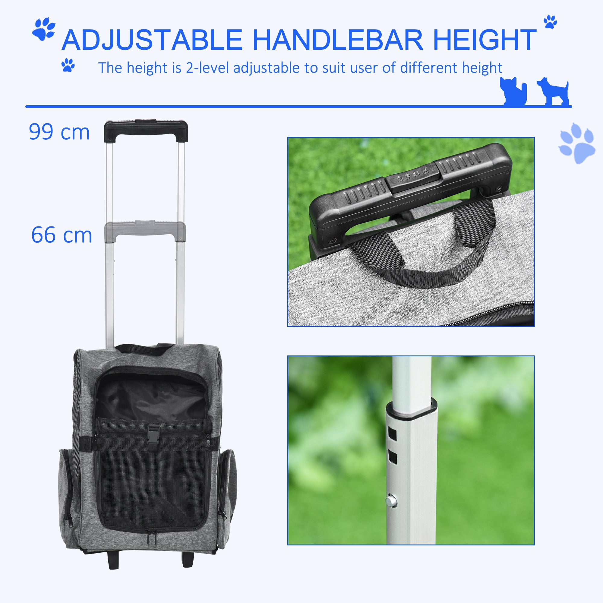PawHut Pet Travel Backpack Bag Cat Puppy Dog Carrier w/ Trolley and Telescopic Handle Portable Stroller Wheel Luggage Bag (Grey) - North Peak Garden Furniture