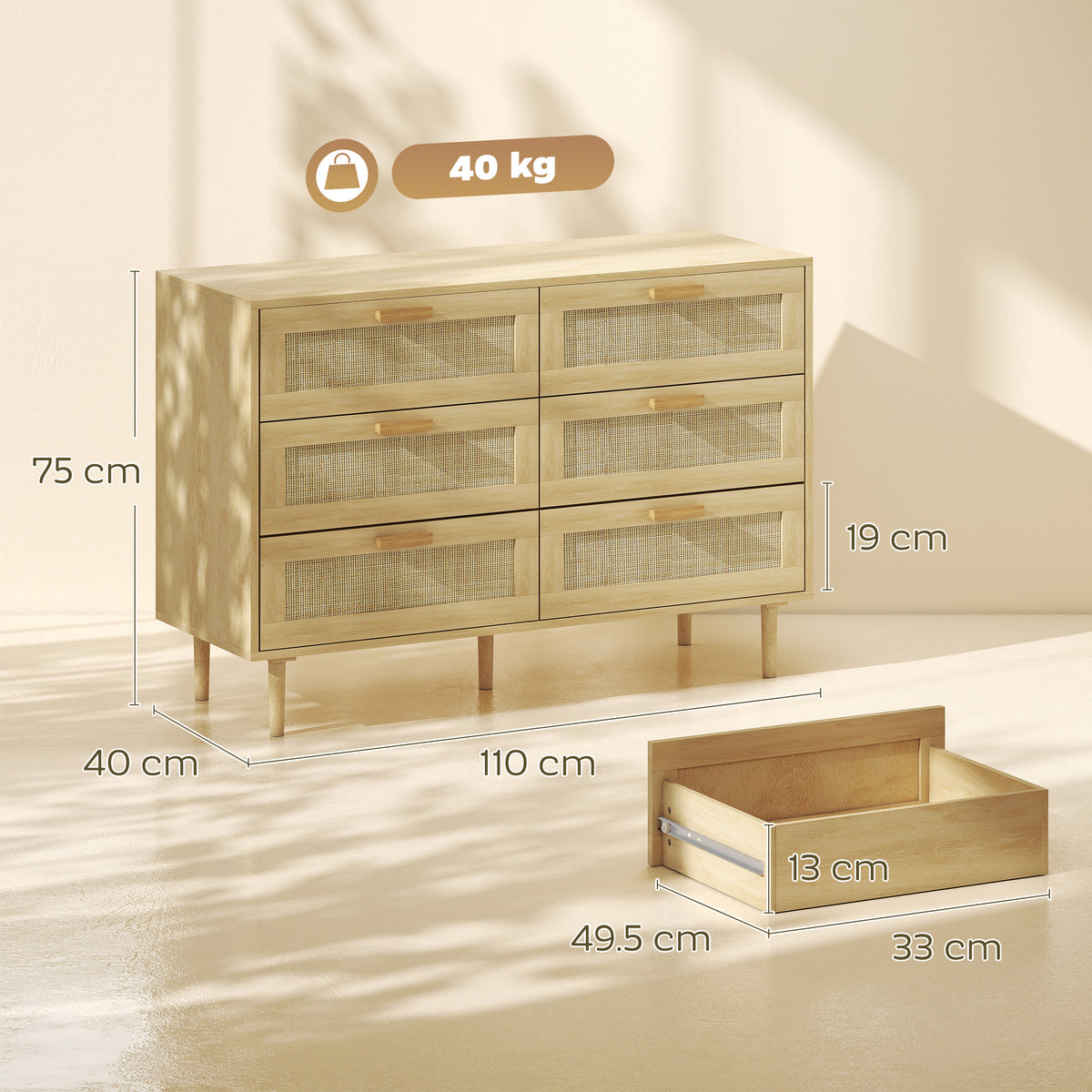 HOMCOM Chest of Drawers, 6-Drawer Dresser, Tall Storage Drawer Unit with Rattan Element for Bedroom, Living Room, Oak