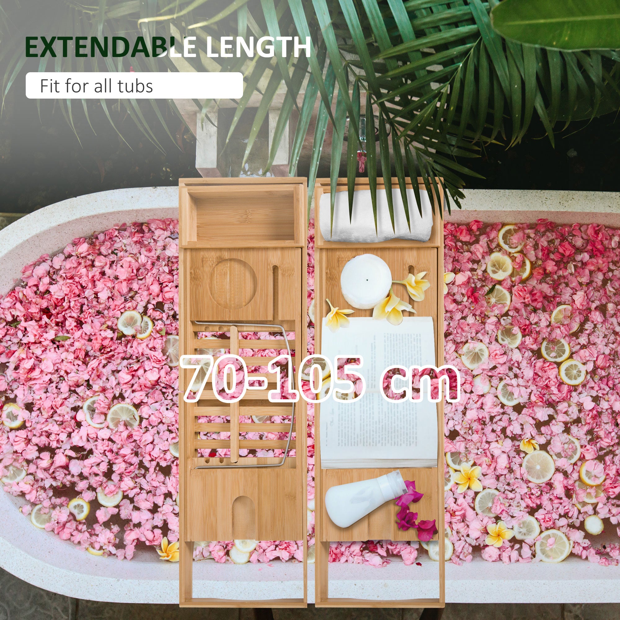 HOMCOM Extendable Bamboo Bathtub Shelf Rack Bath Caddy Tray Bathroom Storage, Set of 2 - North Peak Garden Furniture