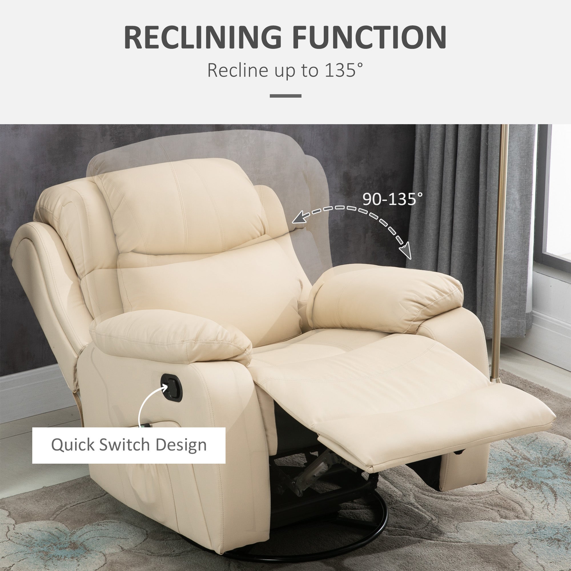 HOMCOM PU Leather Reclining Chair with 8 Massage Points and Heat, Manual Recliner with Swivel Base, Footrest and Remote, Beige - North Peak Garden Furniture