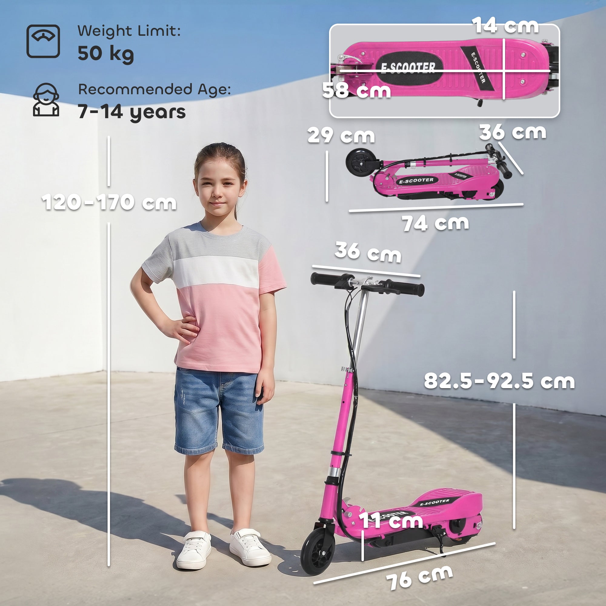 HOMCOM Folding Electric Kids Scooter Ride on Age 7-14, Pink