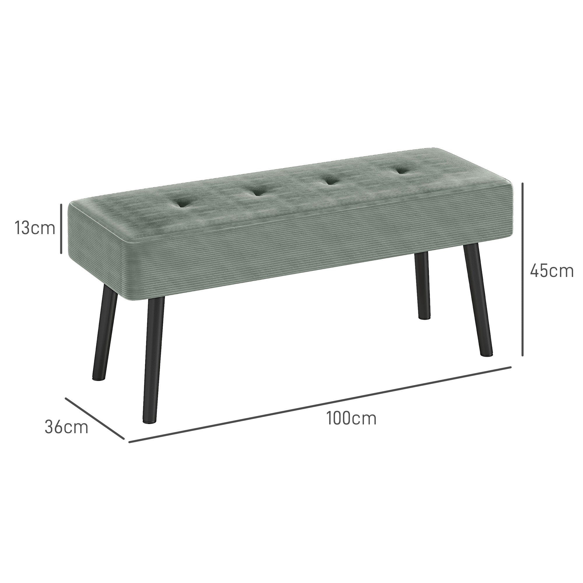 HOMCOM End of Bed Bench, Corduroy Bedroom Bench with Thick Padding and Steel Legs, Tufted Window Seat for Entryway, Living Room, Green - North Peak Garden Furniture