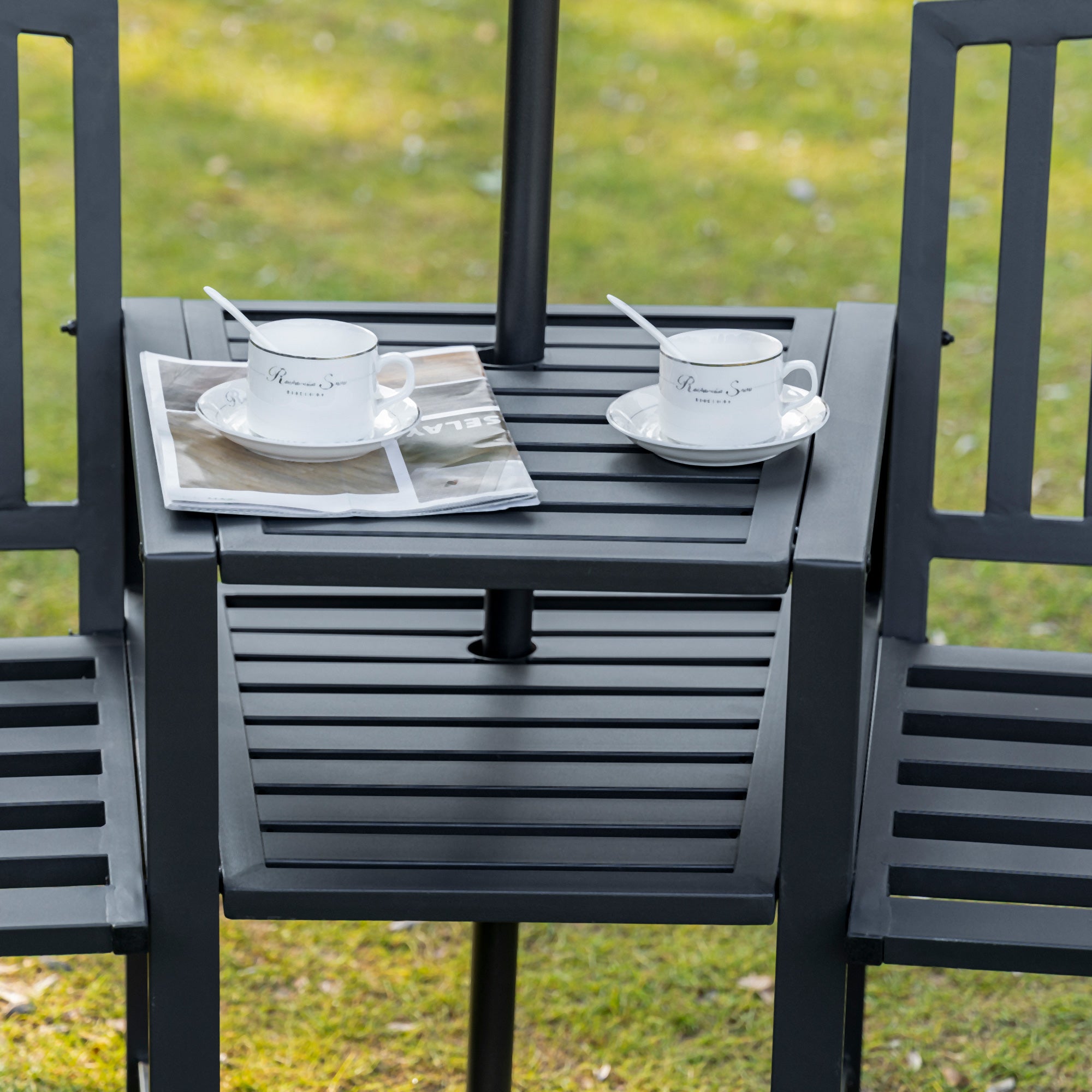 Outsunny 2 Seat Garden Chair Bench Loveseats Jack and Jill Seat w/Coffee Table Slatted Design Patio Yard - North Peak Garden Furniture
