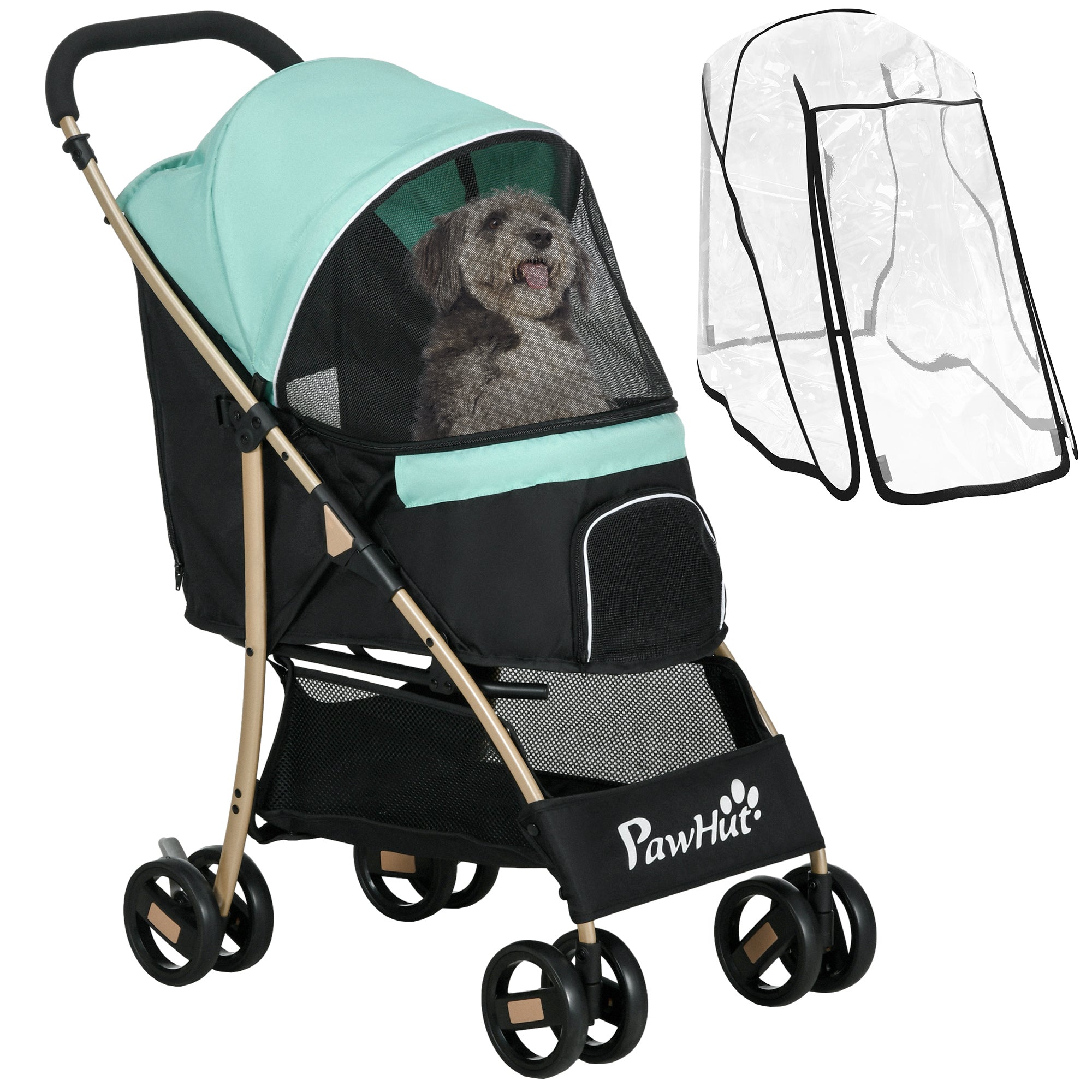 PawHut Pet Stroller for Small and Miniature Dogs, with Rain Cover - Green - North Peak Garden Furniture