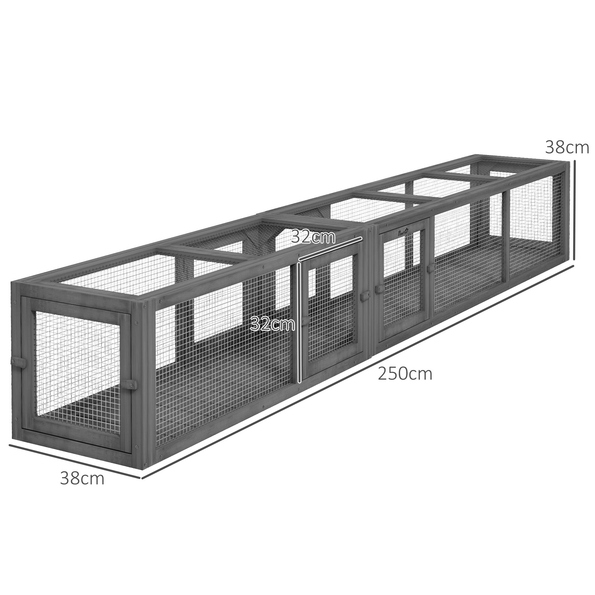 PawHut Cat Tunnel, 250cm Extra Long Wooden Cat Play Tunnel with 8 Doors, L-shape/Rectangle, Outdoor Cat Enclosures, Dark Grey