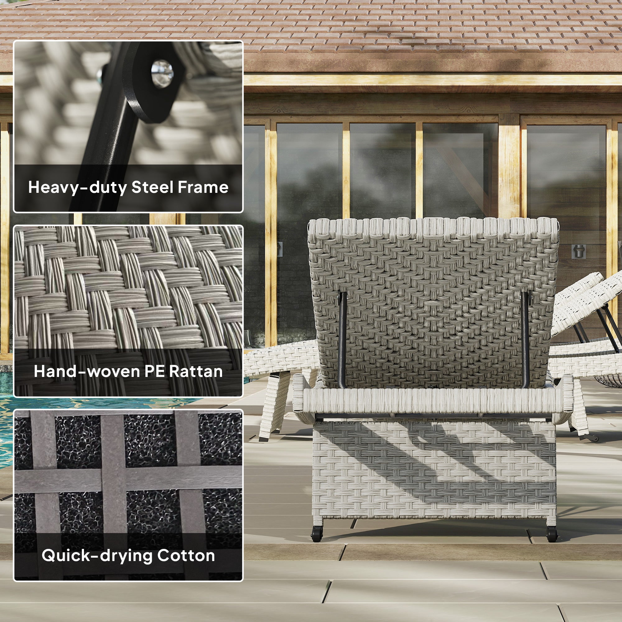 Outsunny Outdoor PE Rattan Sun Lounger, Folding Wicker Garden Lounger Recliner with 4-Level Adjustable Backrest, Rolling Sunbed Lounge Chair with Wheels, Non-Slip Legs for Balcony, Beach, Grey - North Peak Garden Furniture