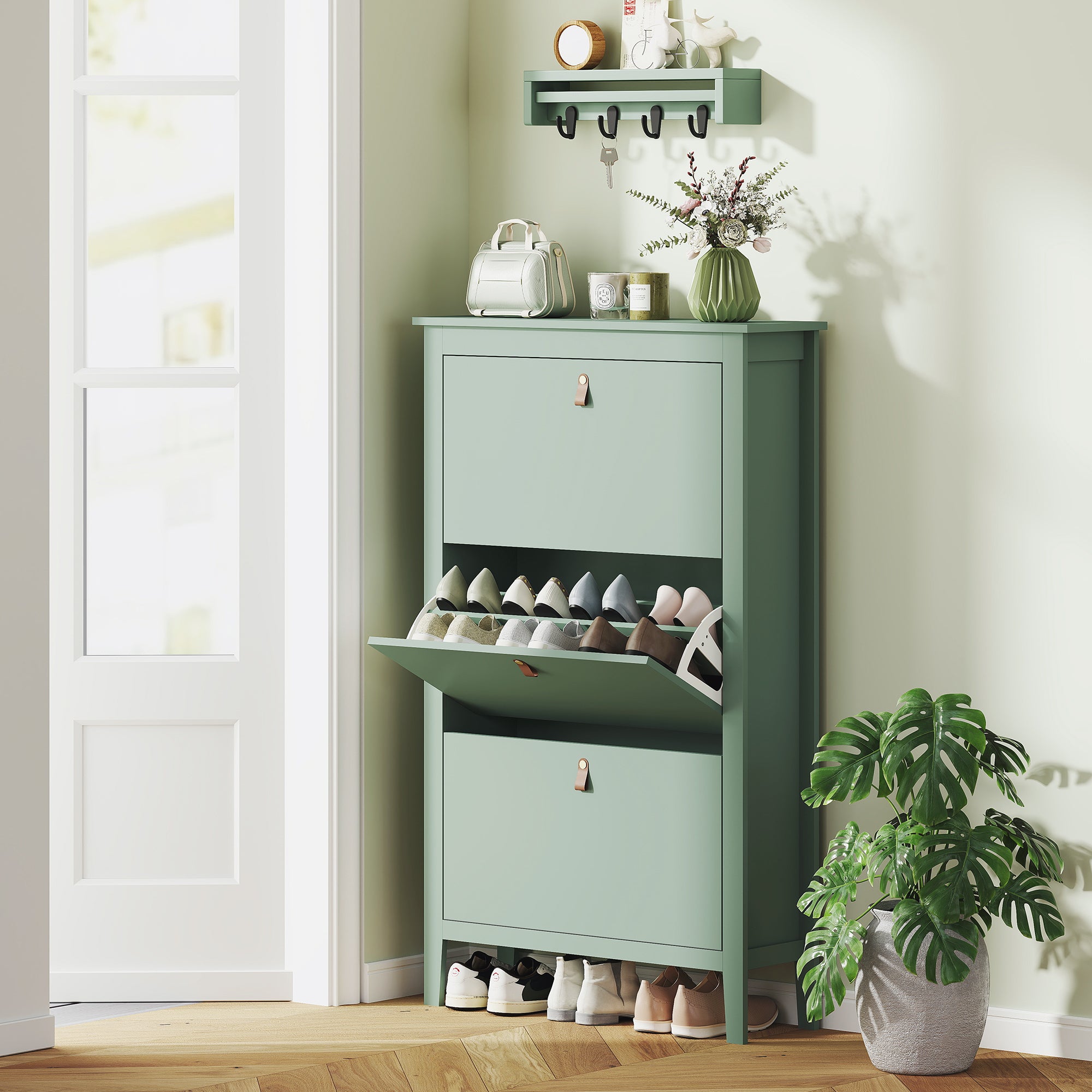 HOMCOM Modern Three-Drawer Shoe Cabinet - Green - North Peak Garden Furniture