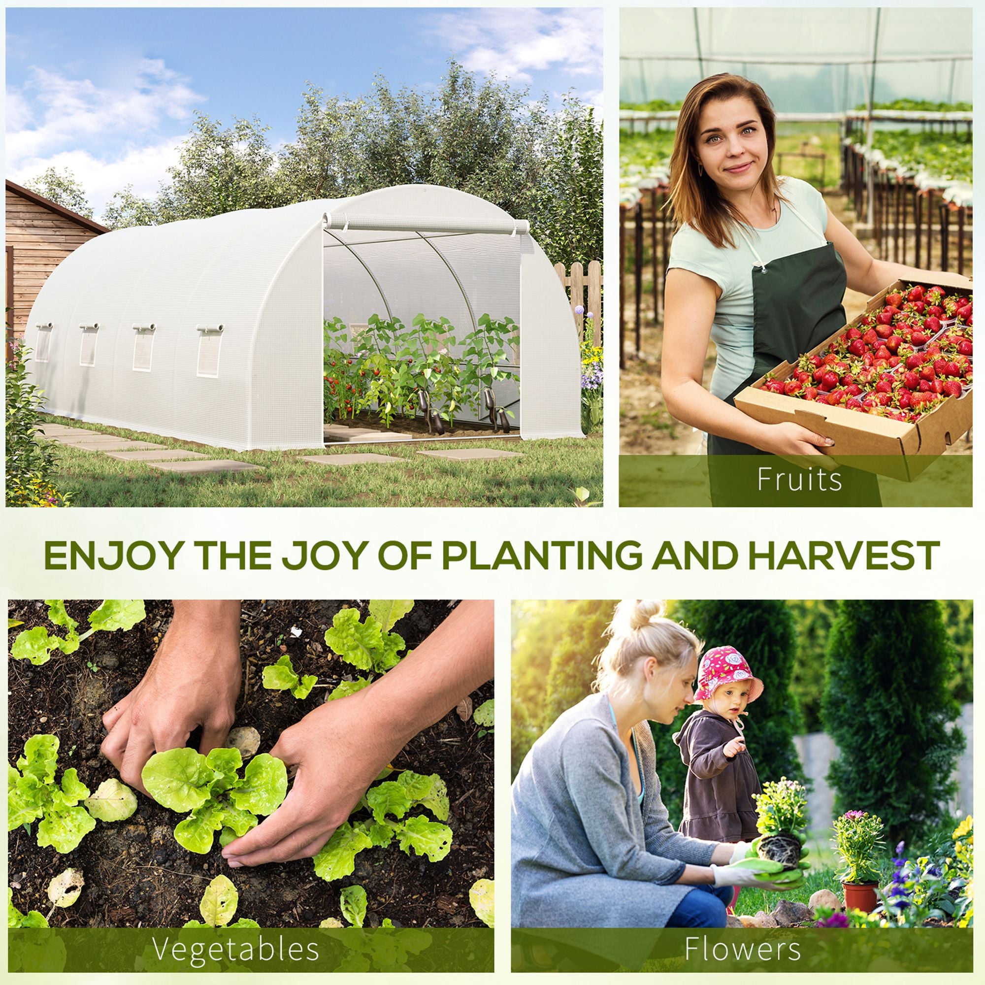 Outsunny 6 x 3 x 2 m Polytunnel Greenhouse, Walk in Polytunnel Tent with Metal Frame, Zippered Door and 8 Windows for Garden and Backyard, White - North Peak Garden Furniture