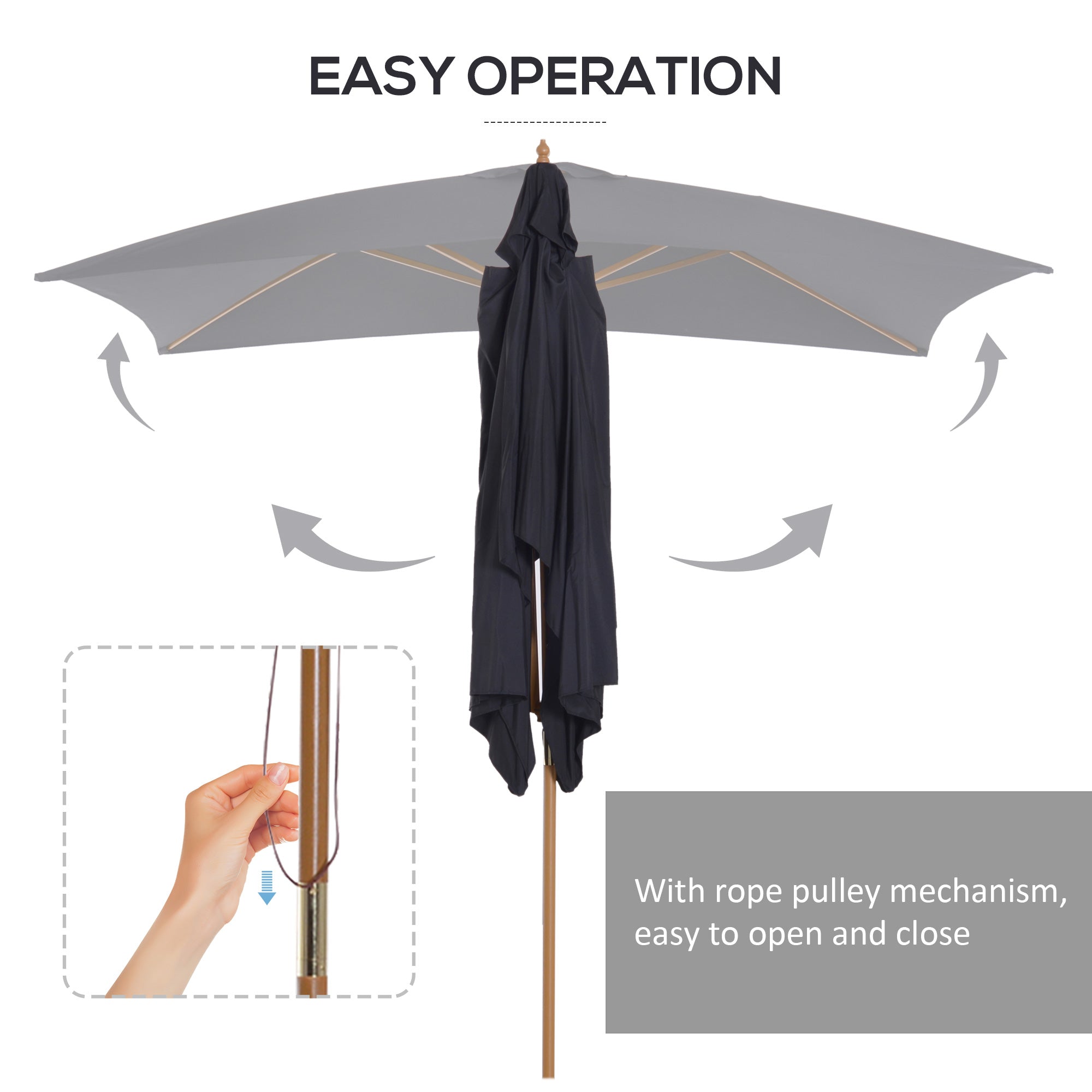 Outsunny 2 x 3m Wooden Garden Parasol Umbrella Outdoor Sun Shade Canopy, Black - North Peak Garden Furniture