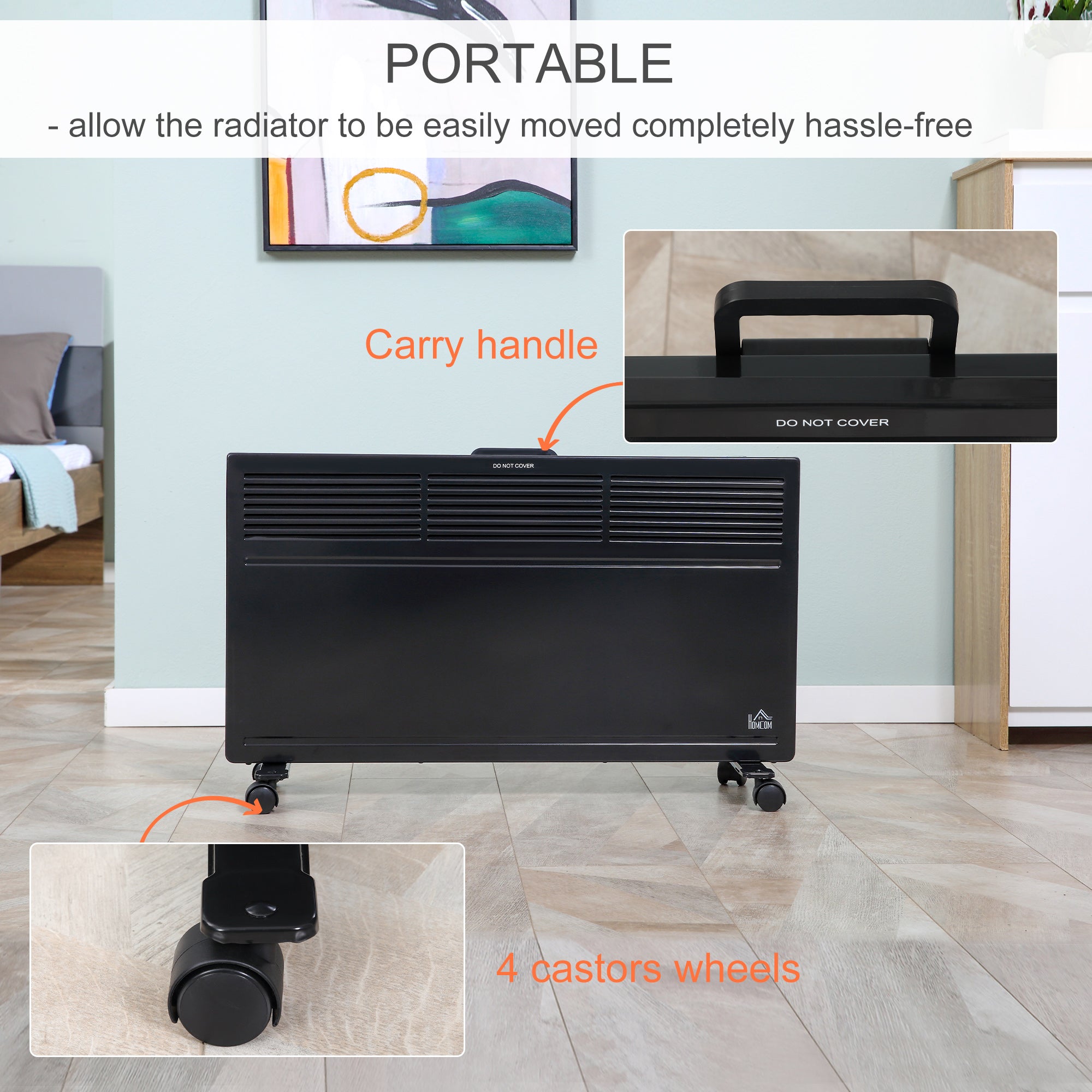 HOMCOM Convector Radiator Heater Freestanding or Wall-mounted Portable Electric Heating with 2 Heat Settings, Adjustable Thermostat and Safety Cut-Off, Black - North Peak Garden Furniture