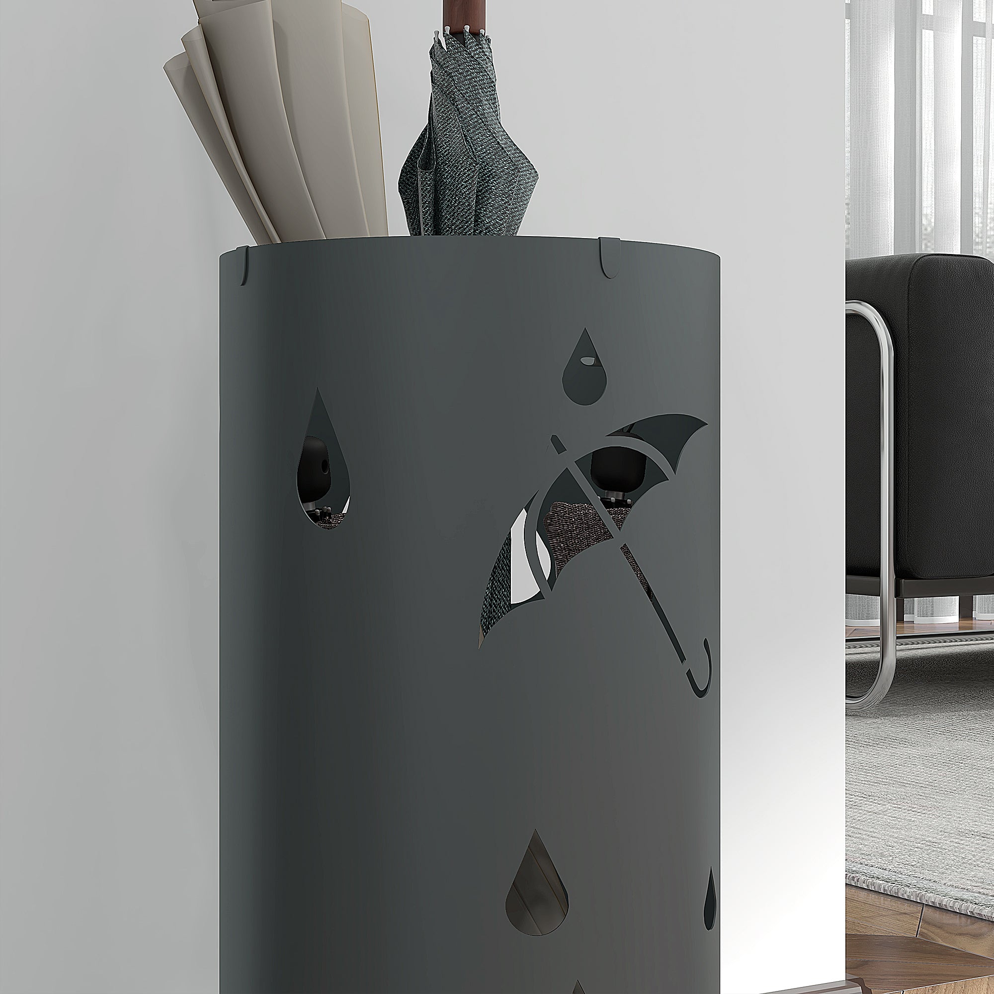 HOMCOM Freestanding Umbrella Stand for Hallway, Round Umbrella Basket with 4 Hooks and Drip Tray for Entryway, Dark Grey - North Peak Garden Furniture