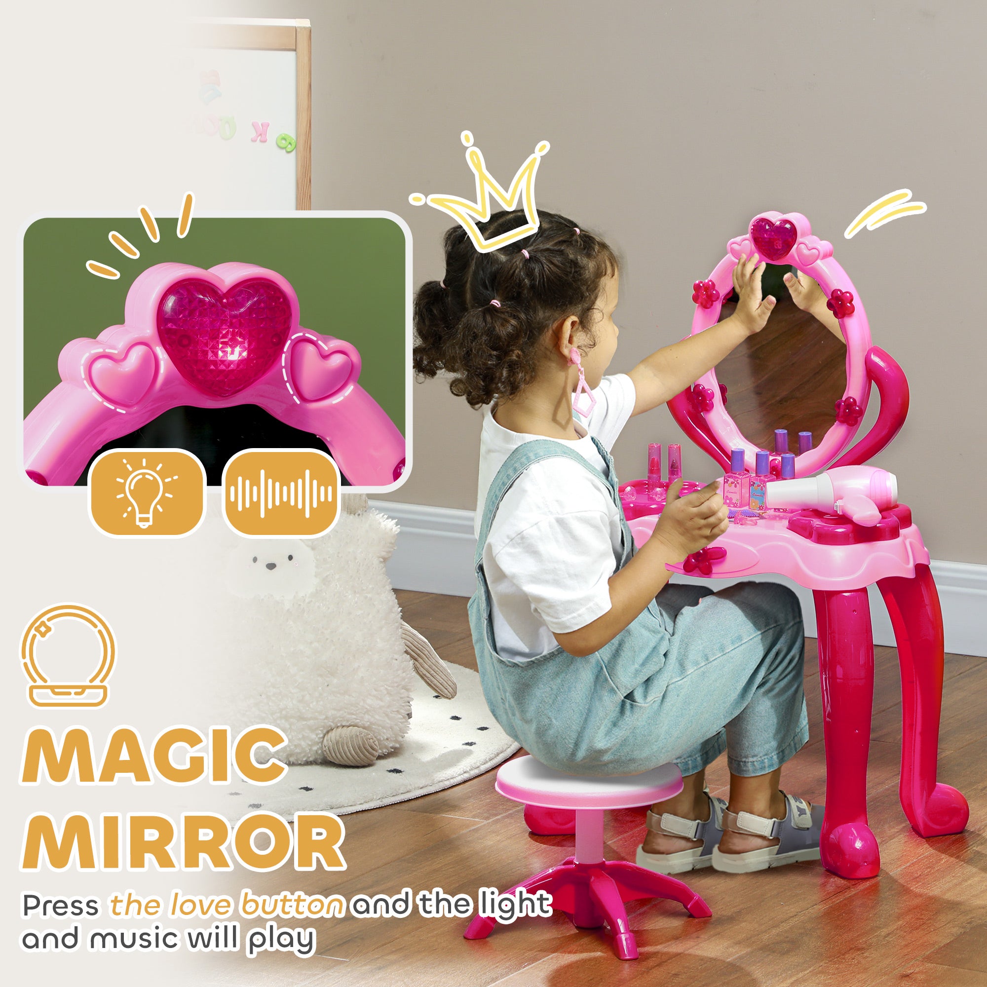 AIYAPLAY Kids Dressing Table with mirror, Stool, Light, Music, 15 Accessories, for Ages 3-6 Years, Pink - North Peak Garden Furniture