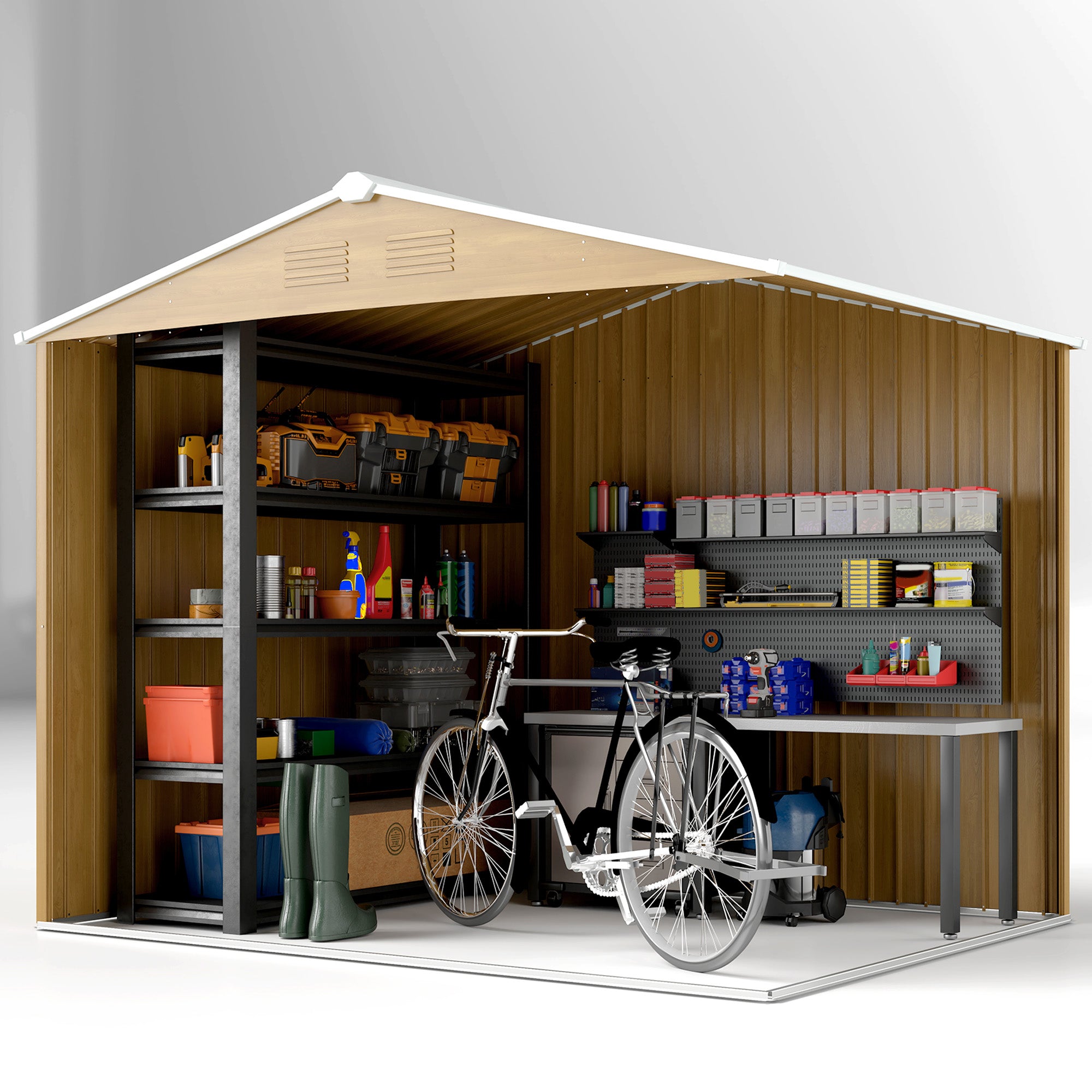 Outsunny 8 x 6ft Outdoor Garden Storage Shed, Metal Tool House with Ventilation and Sliding Doors Chocolate Wood Effect - North Peak Garden Furniture