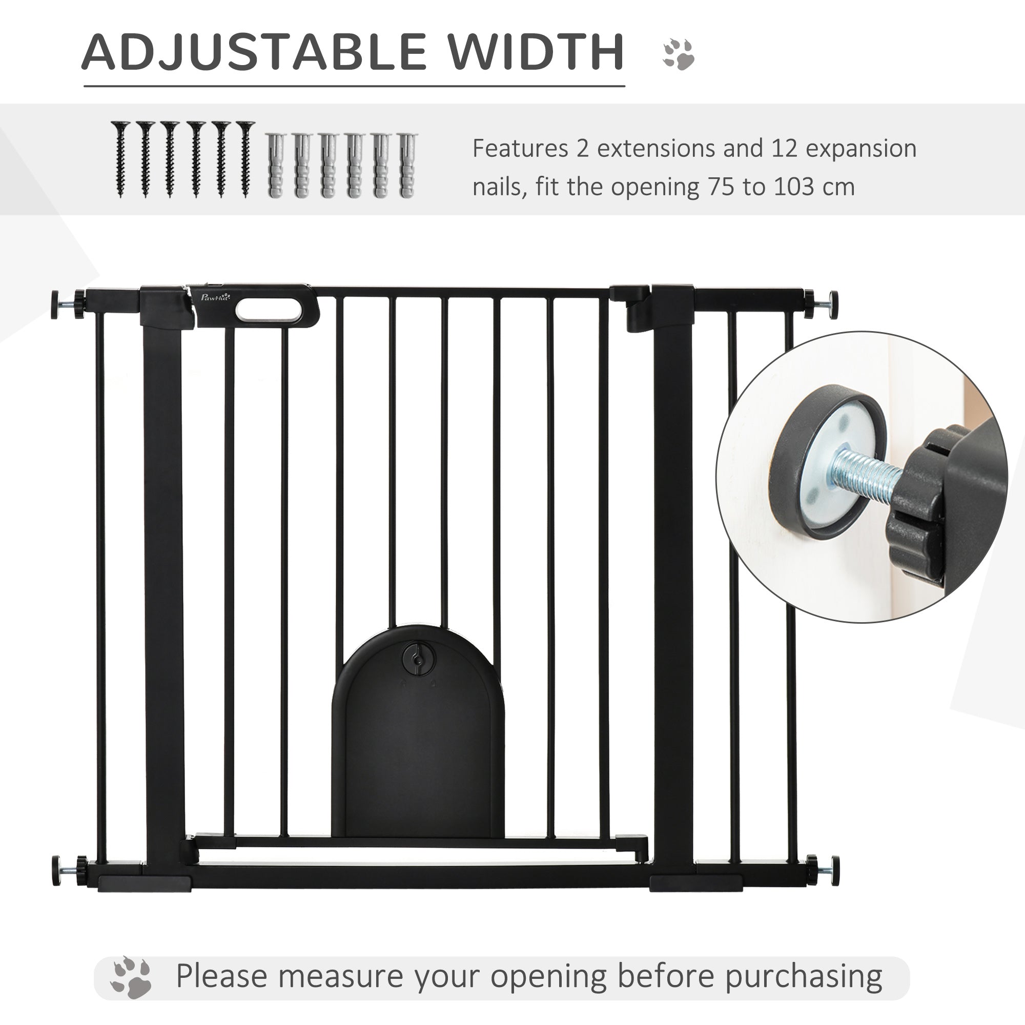 PawHut Dog Gate with Cat Flap Pet Safety Gate Barrier, Stair Pressure Fit, Auto Close, Double Locking, for Doorways, Hallways, 75-103 cm Black