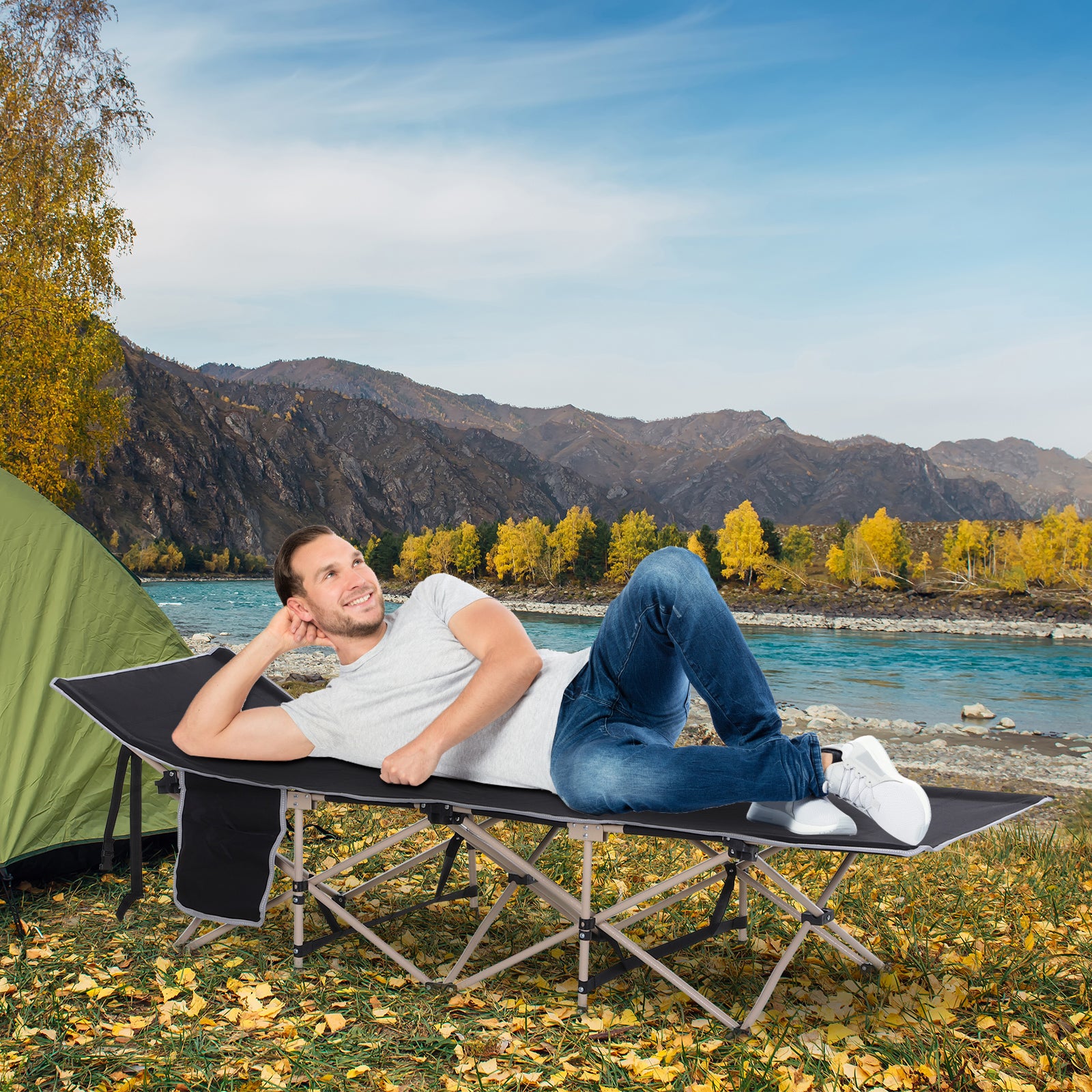 Outsunny Single Person Camping Bed Folding Cot Outdoor Patio Portable Military Sleeping Bed Travel Guest Leisure Fishing with Side Pocket and Carry Bag - Black - North Peak Garden Furniture