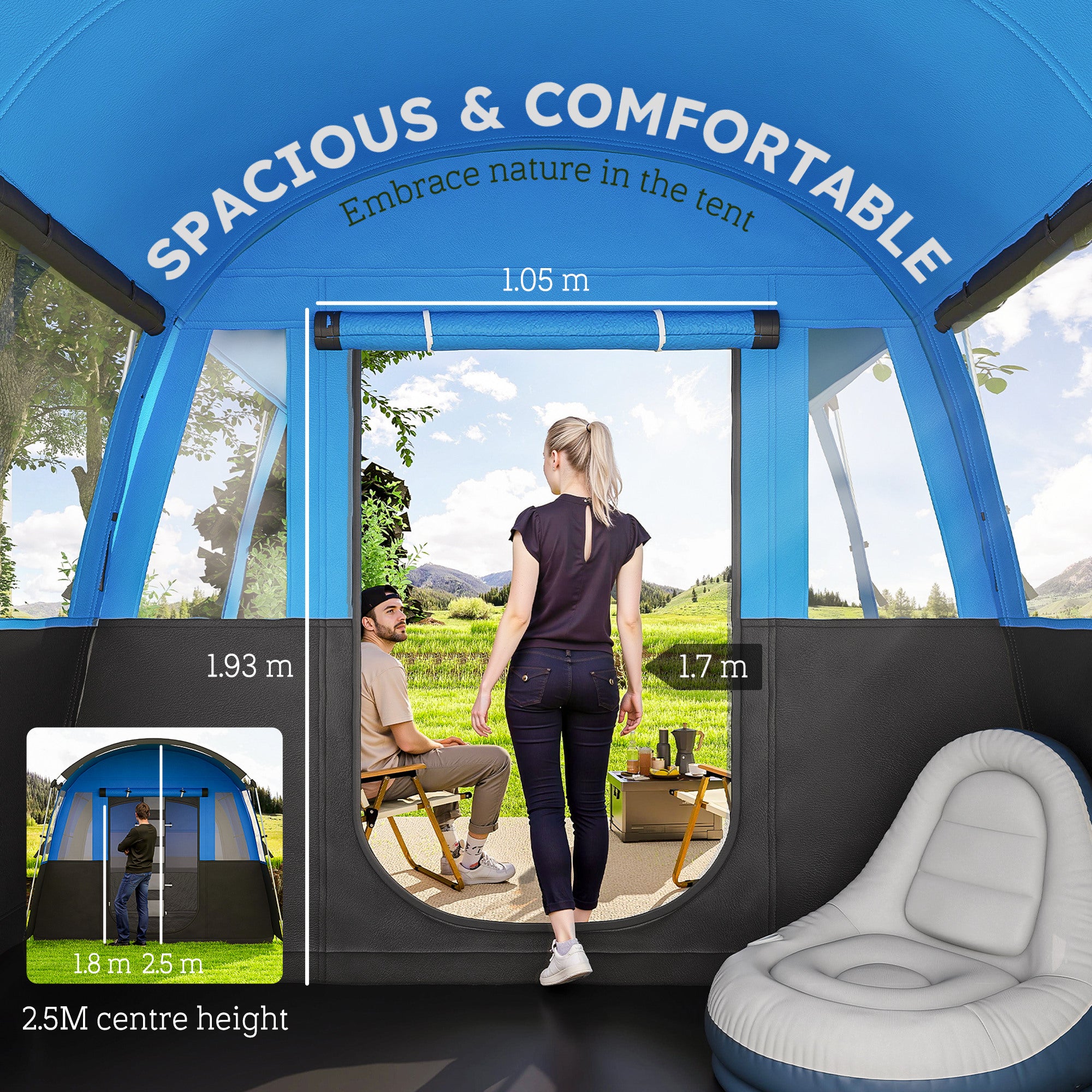 Outsunny 8-Person Camping Tent, Waterproof Family Tent, Tunnel Design, 4 Large Windows, Sleeping Cabins 3000mm Water Column Blue - North Peak Garden Furniture