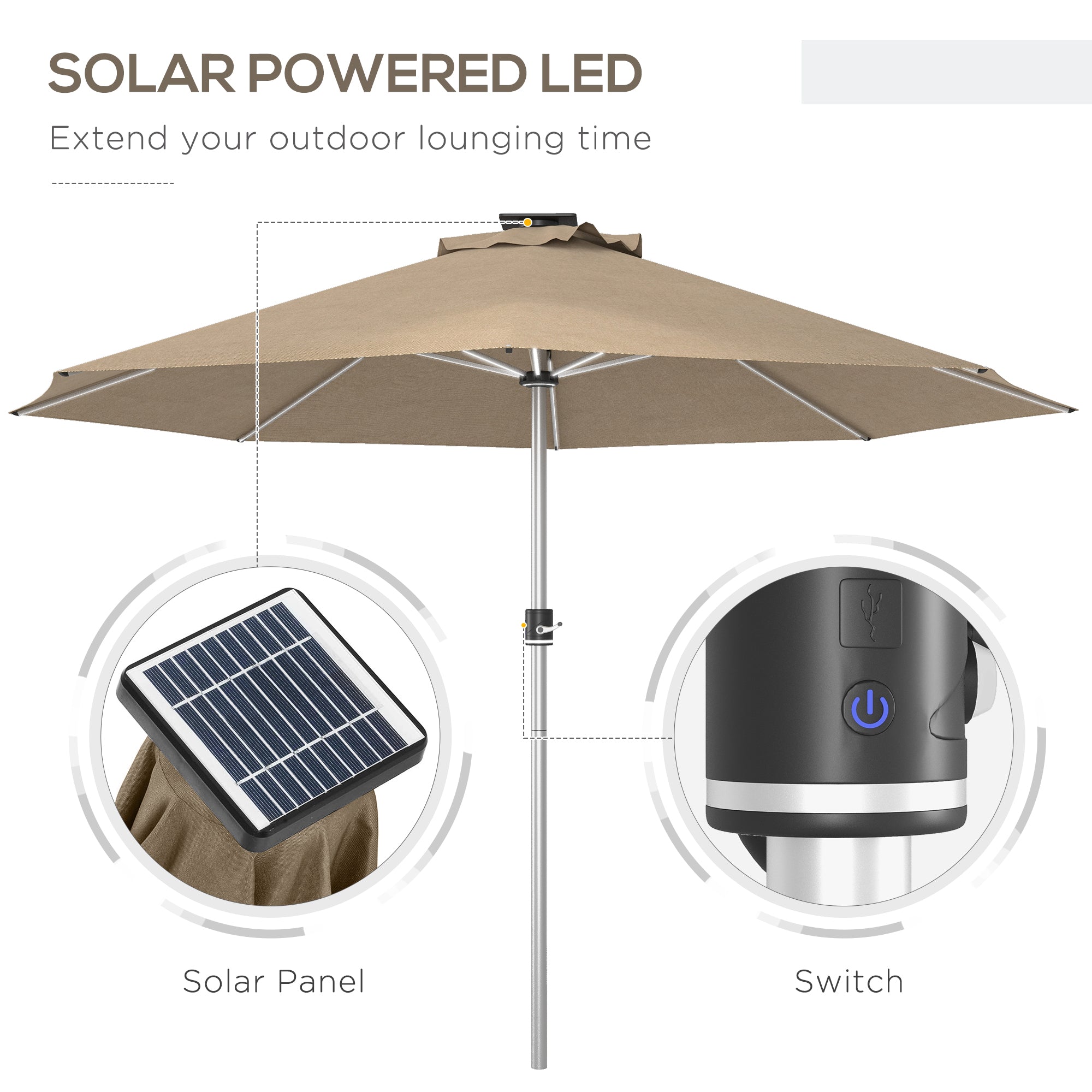 Outsunny 3m Parasol, with Solar-Powered LED Lights - Khaki