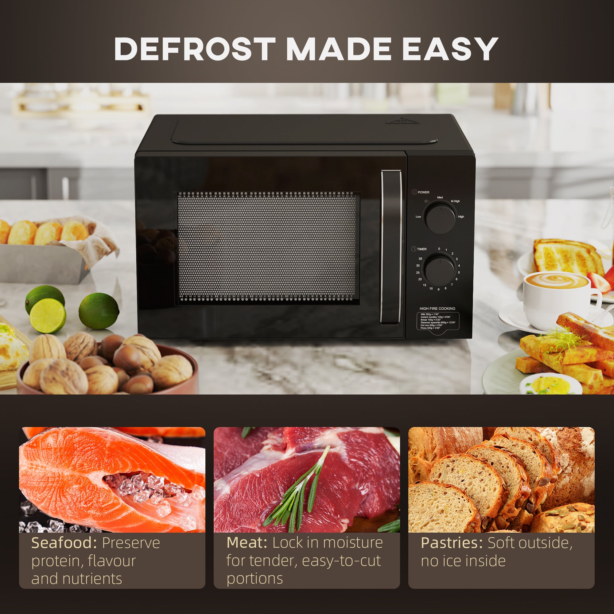 HOMCOM 23L 800W Microwave Oven, Solo Manual Microwave with 5 Power Levels, Defrost, 60 Minutes Timer, Clock, Easy Clean, Small Black Microwave - North Peak Garden Furniture