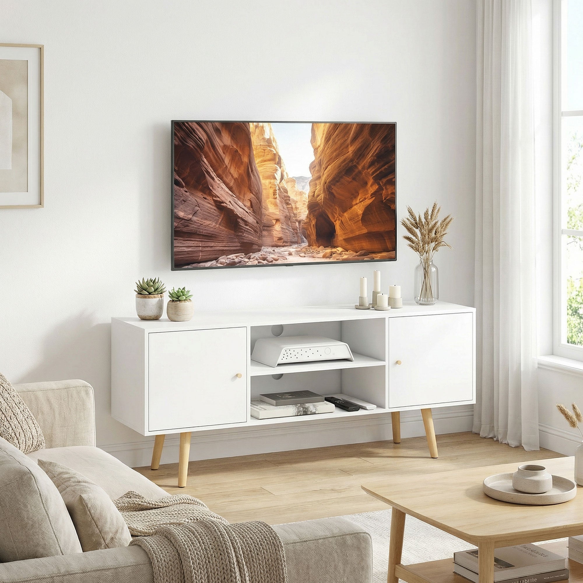 HOMCOM TV Unit Cabinet for TVs up to 55 Inches, TV Stand with Storage Shelves and Wood Legs for Living Room, White