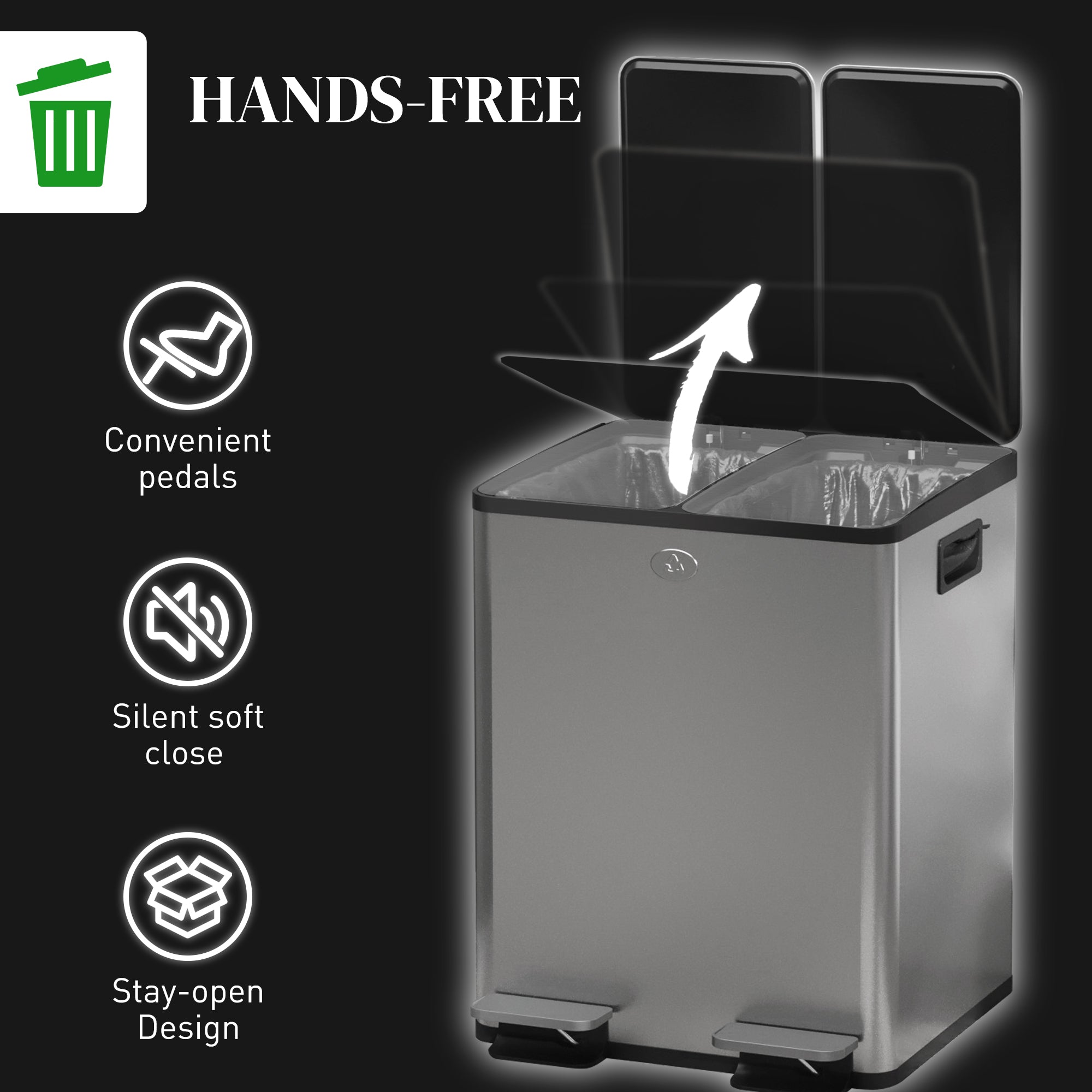 HOMCOM 40L Dual Compartment Stainless Steel Bin, with Deodoriser Holders - Silver Tone - North Peak Garden Furniture