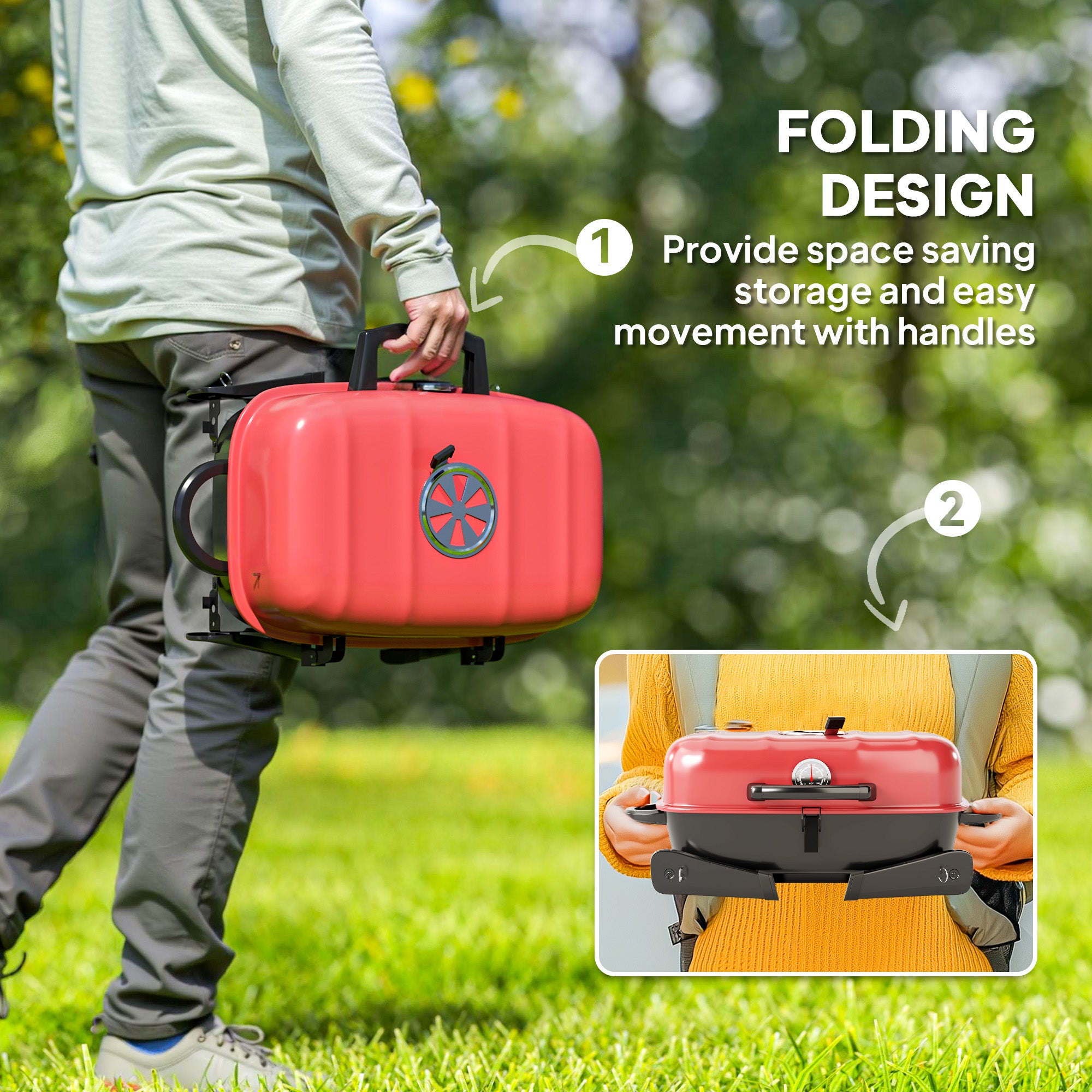 Outsunny Charcoal Barbecue Grill Folding BBQ Grill with 1232 cm² Cooking Area, Adjustable Vent, Thermometer, Handles for Camping Picnic, Red - North Peak Garden Furniture