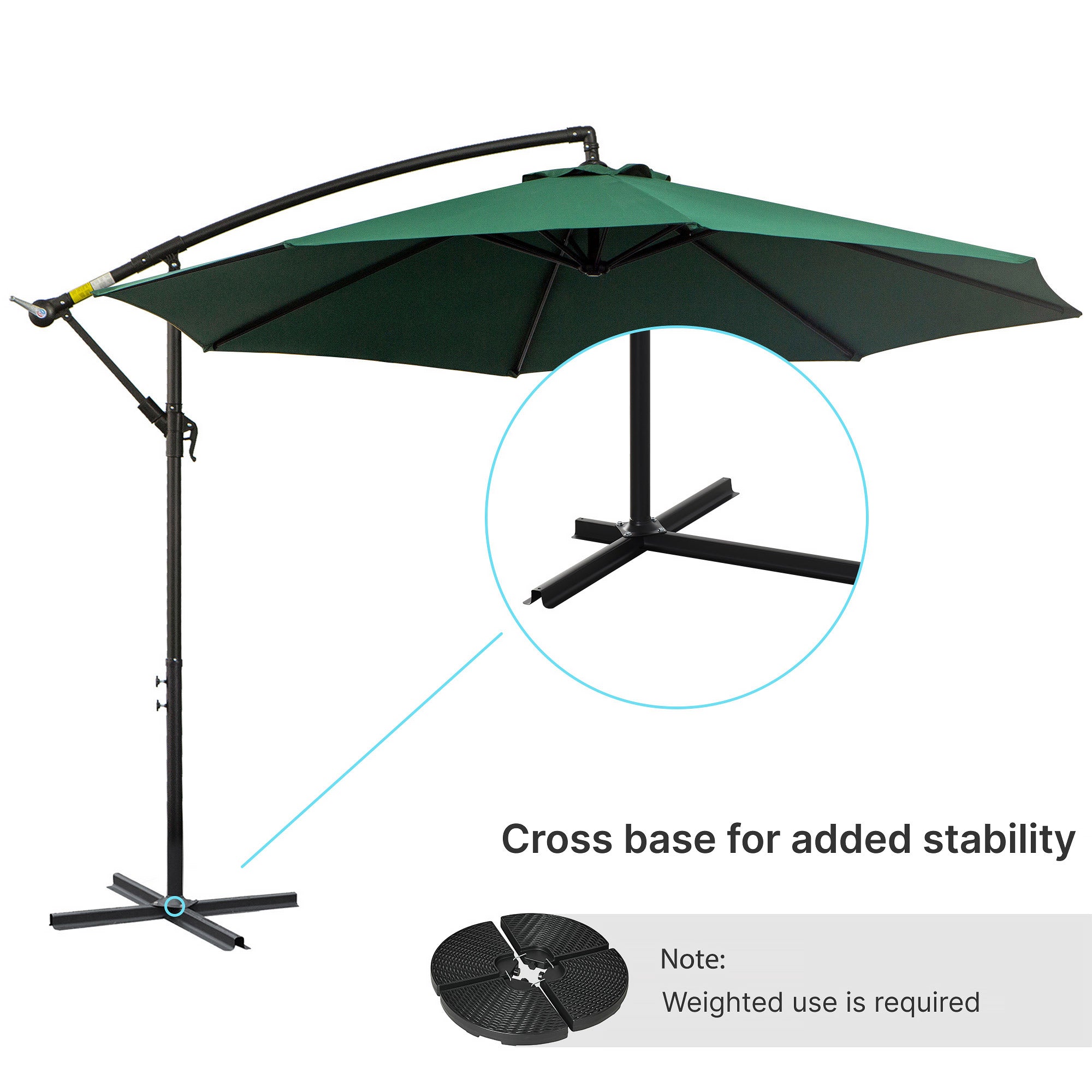 Outsunny 3(m) Banana Parasol Hanging Cantilever Umbrella with Crank Handle, 8 Ribs and Cross Base for Outdoor, Sun Shade, Dark Green - North Peak Garden Furniture