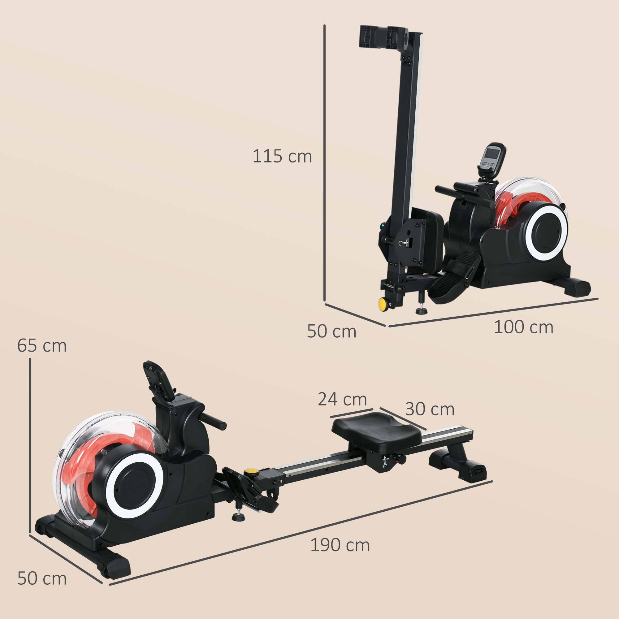 SPORTNOW Foldable Rowing Machine, Water Rower with Wheels, LCD Monitor and Tablet Holder for Cardio Training, Black - North Peak Garden Furniture