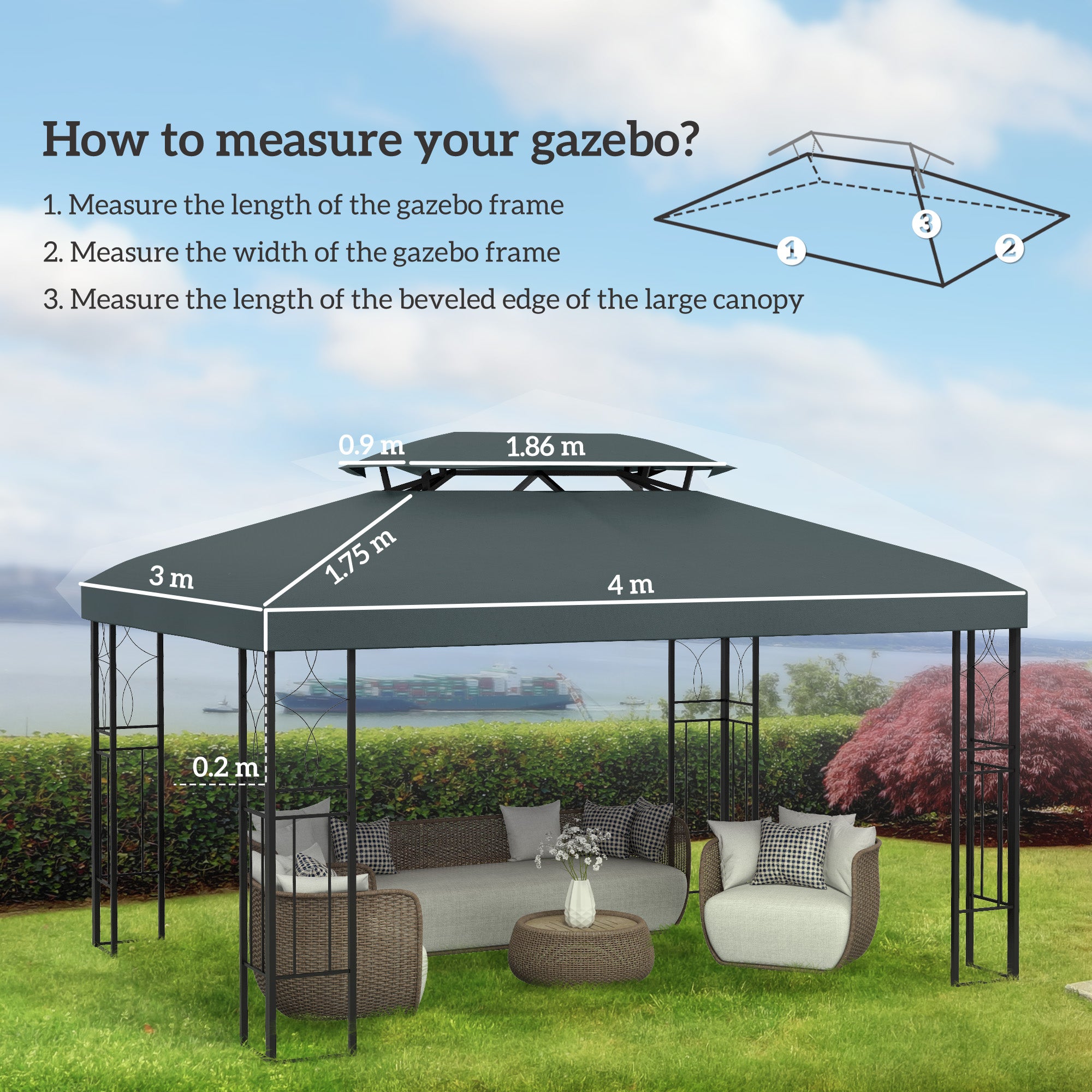 Outsunny 3x4m Gazebo Canopy Replacement Cover, 2 Tier Top Roof UV Cover Garden Patio Outdoor Sun Awning Shelters, Charcoal Grey (TOP COVER ONLY) - North Peak Garden Furniture