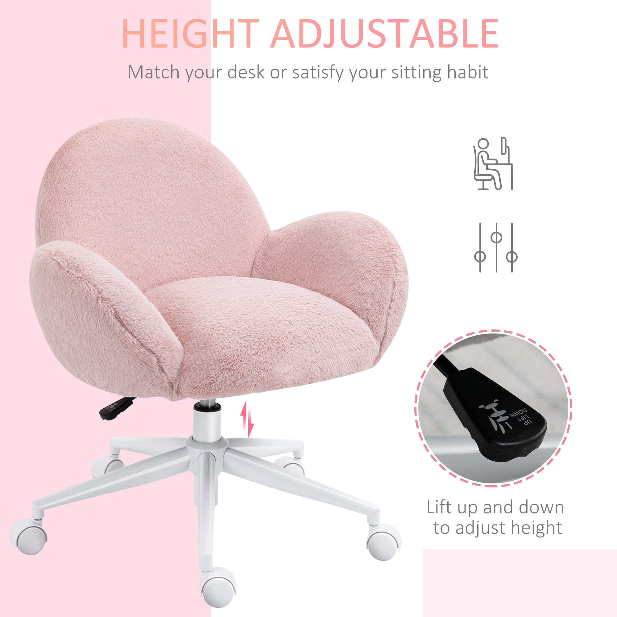 HOMCOM Makeup Vanity Chair, Cute Fluffy Desk Chair with Rolling Wheels for Bedroom Living Room, Pink - North Peak Garden Furniture