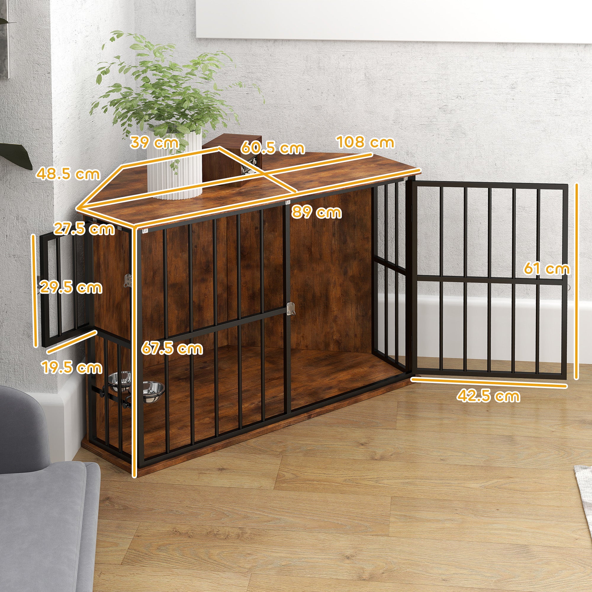 PawHut Corner Dog Crate Furniture with 2 Bowls, Lockable Doors, for Small Medium Dogs, Rustic Brown - North Peak Garden Furniture