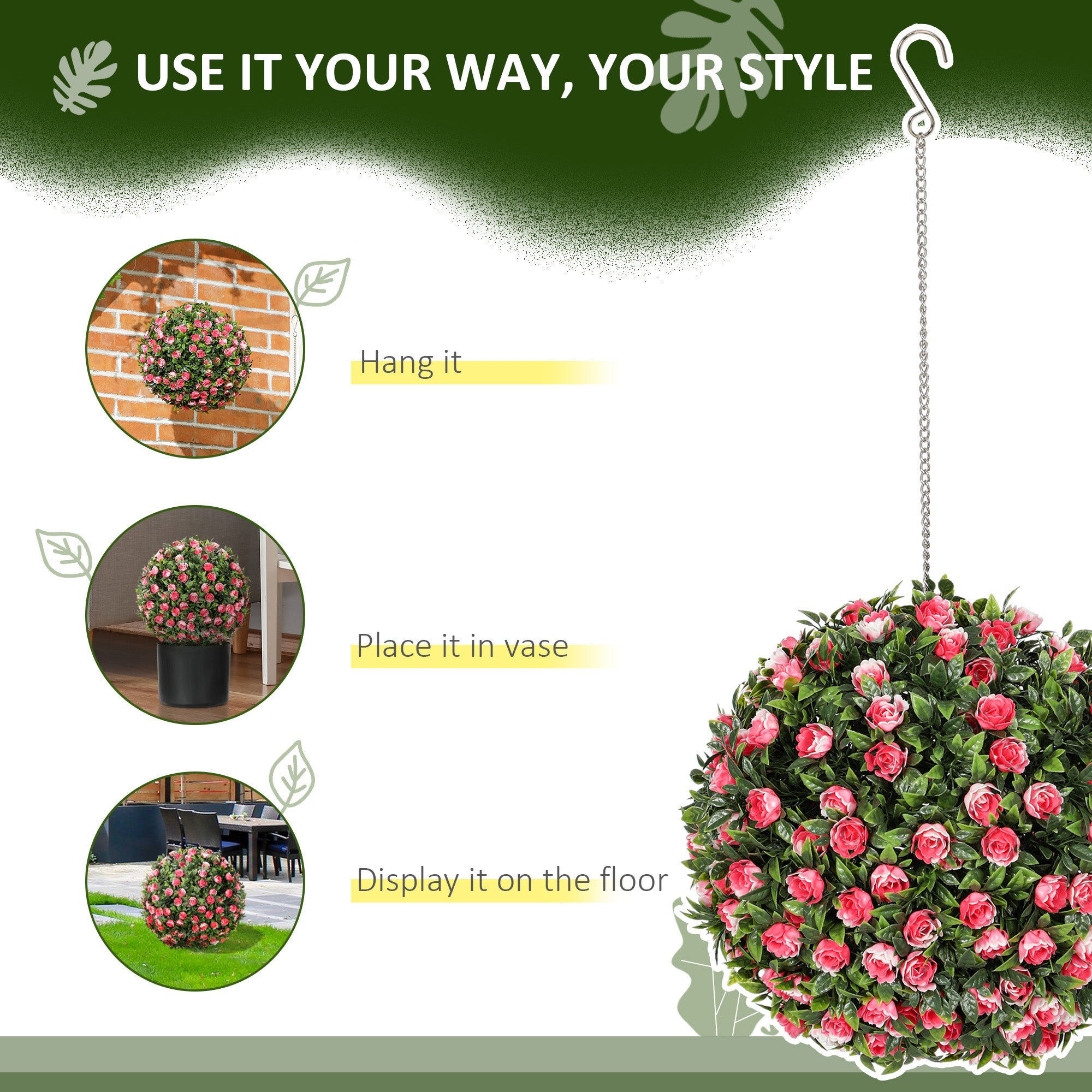 HOMCOM Set of 2 Decorative Artificial Plants, UV-protected Artificial Plant Topiary Rose Balls, Fake Plants for Home Indoor outdoor Decor, 28cm, Pink - North Peak Garden Furniture