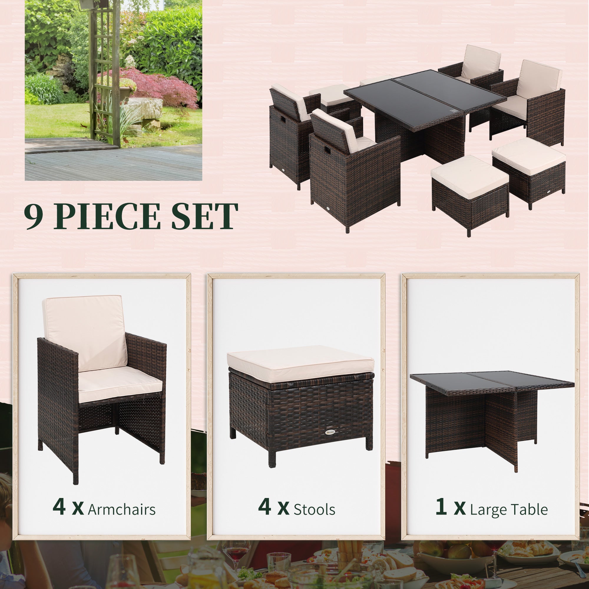 Outsunny 8 Seater Rattan Cube Garden Furniture Set, Rattan Dining Set with Cushions, Outdoor Dining Table and Chairs with 4 Armchairs, 4 Stools, Square Glass Top Table for Patio, Balcony, Brown - North Peak Garden Furniture