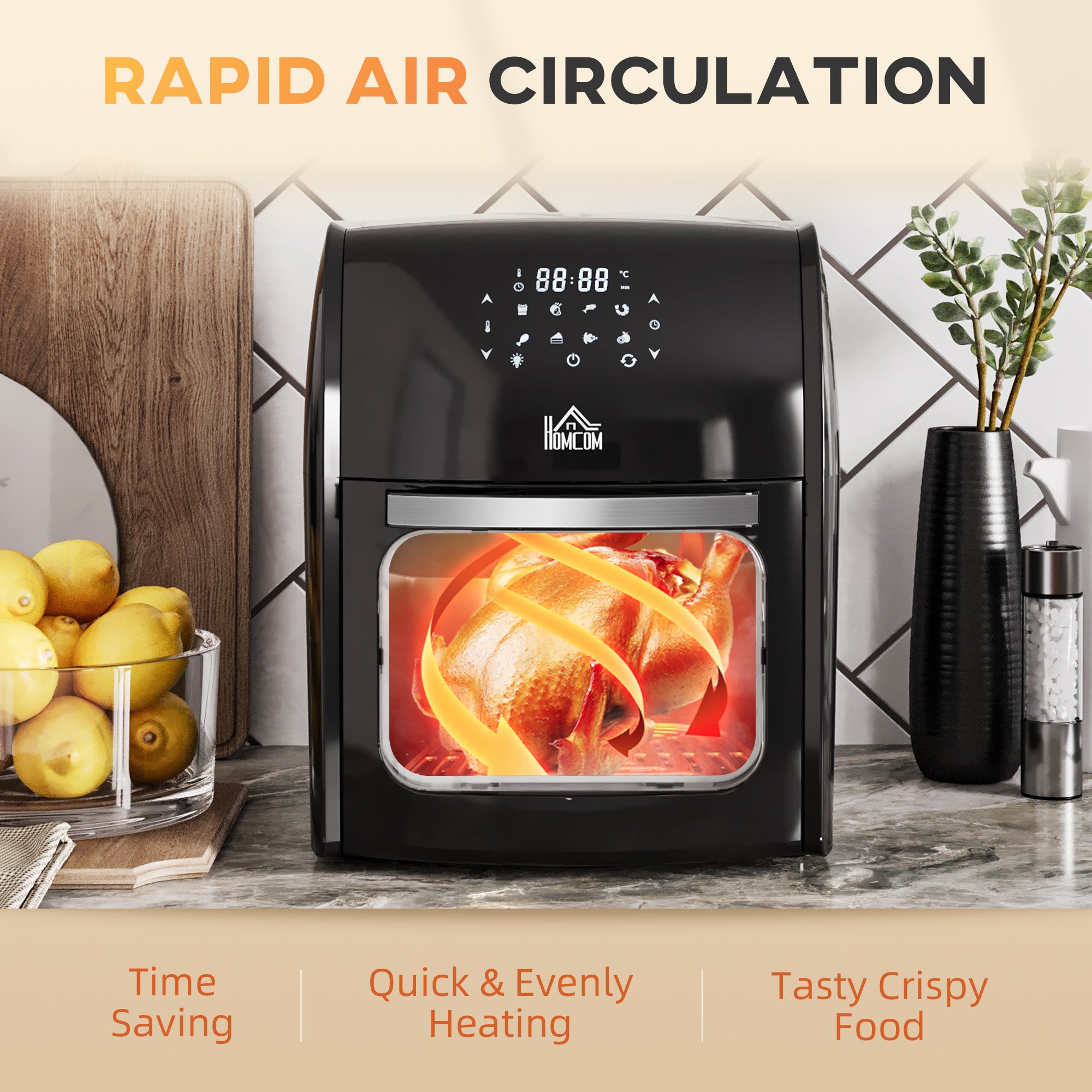 HOMCOM 12L 8 in 1 Digital Air Fryer Oven with Roast, Bake, Dehydrate, 8 Preset Modes, Rapid Air Circulation, Timer, Inner Light, Memory Function, 1800W, Dish Wash Accessory, Black - North Peak Garden Furniture