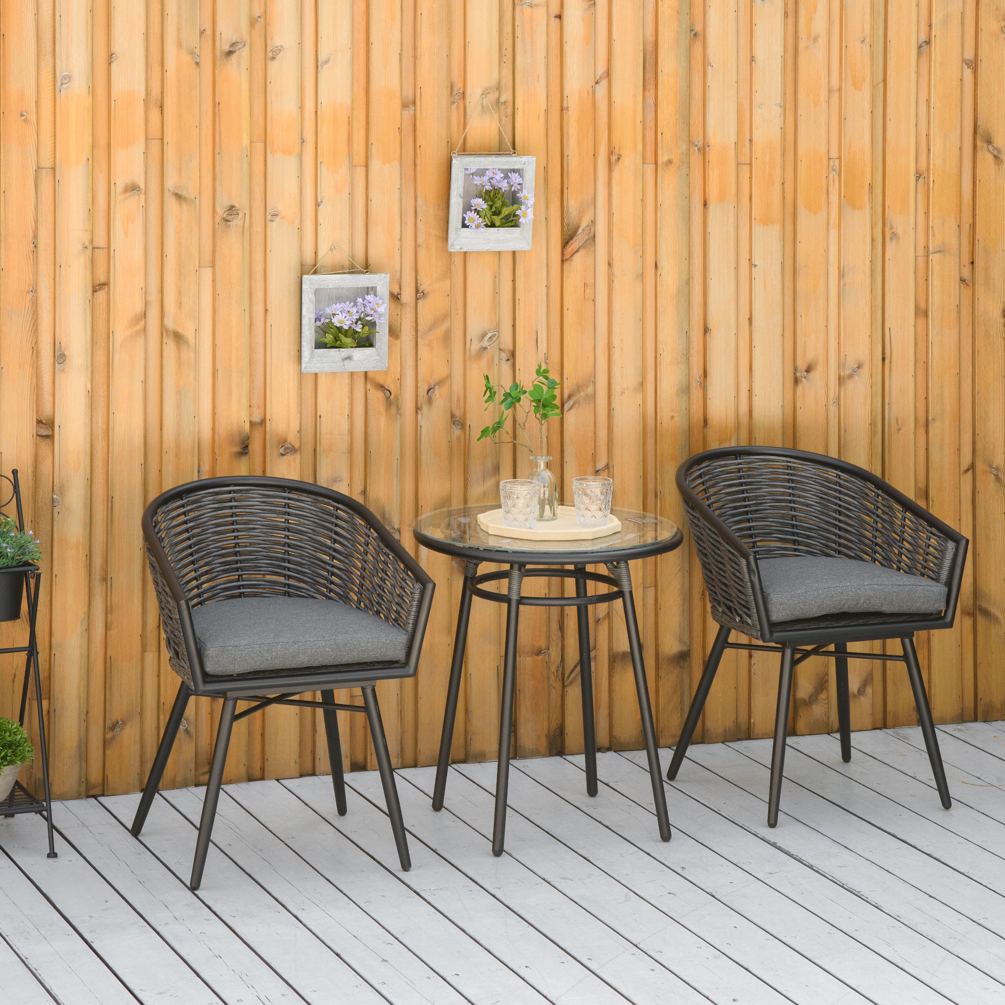 Outsunny 3 Pieces Rattan Bistro Set, Wicker Garden Furniture Set with Round Glass Top Coffee Table and Chairs, Washable Cushions for Outdoor, Patio, Balcony, Grey - North Peak Garden Furniture